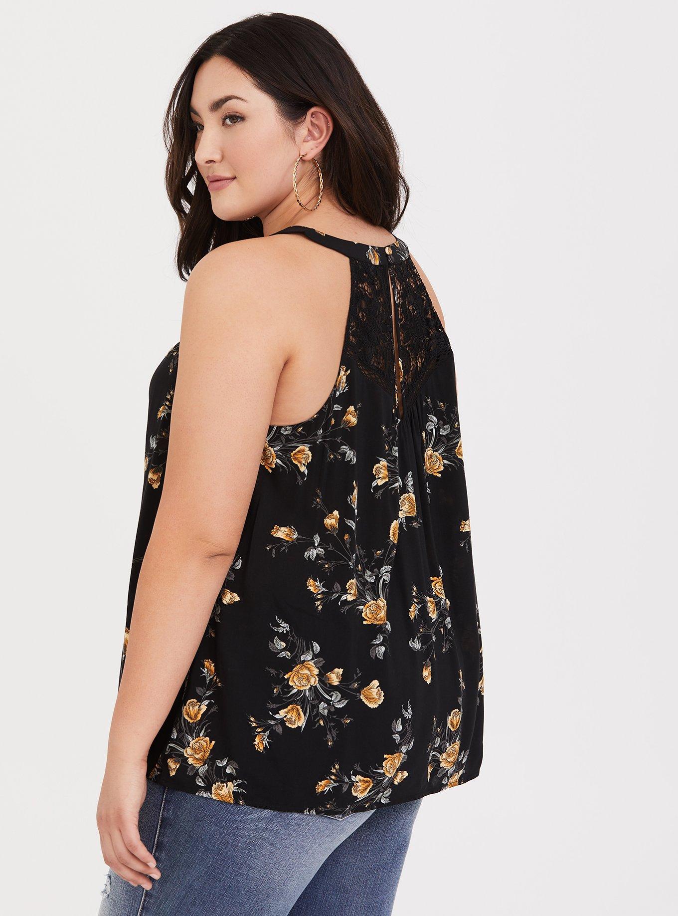 Challis Lace Trim Goddess Neck Tank, BLACK FLORAL, alternate