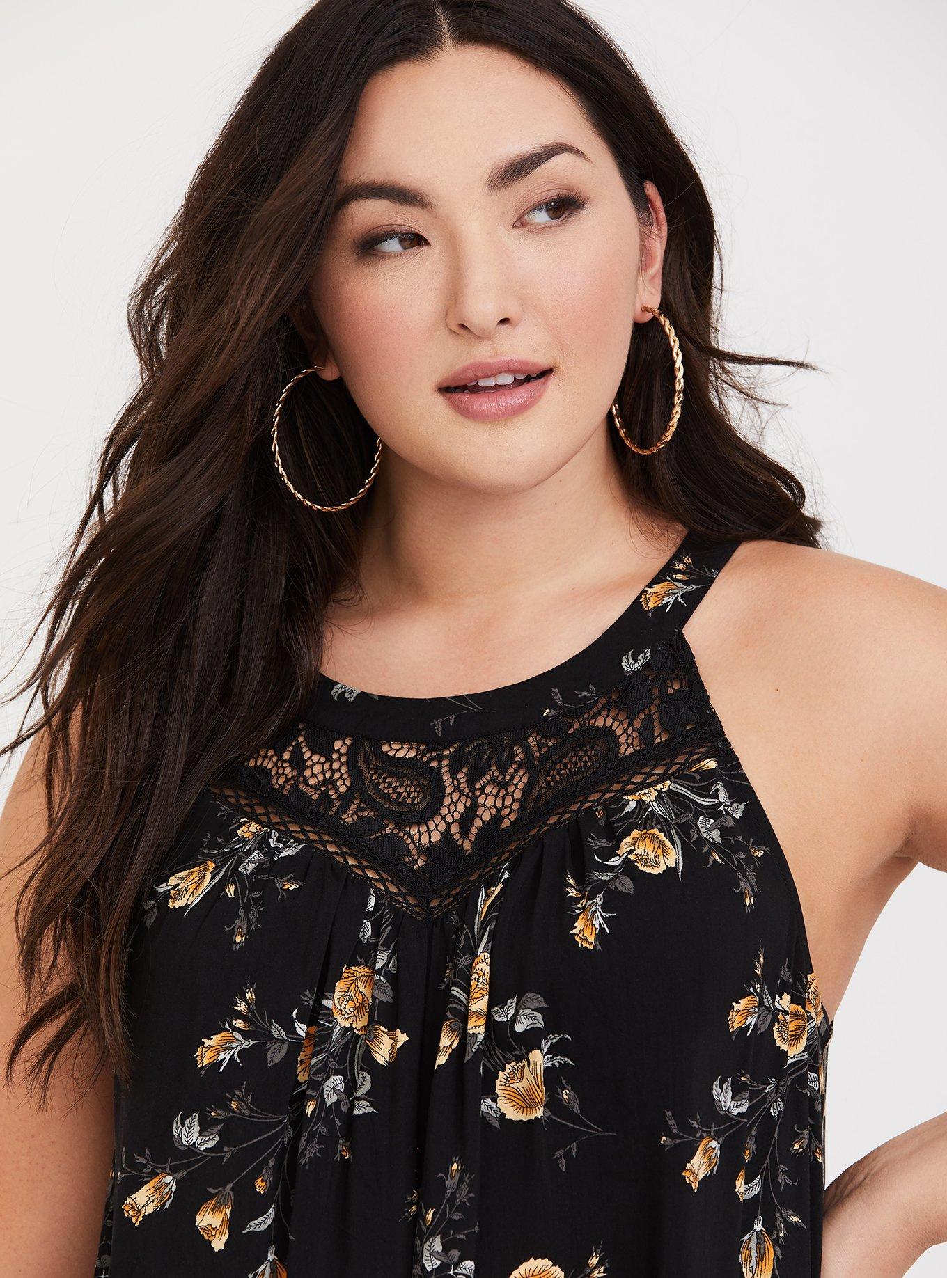 Challis Lace Trim Goddess Neck Tank, BLACK FLORAL, alternate