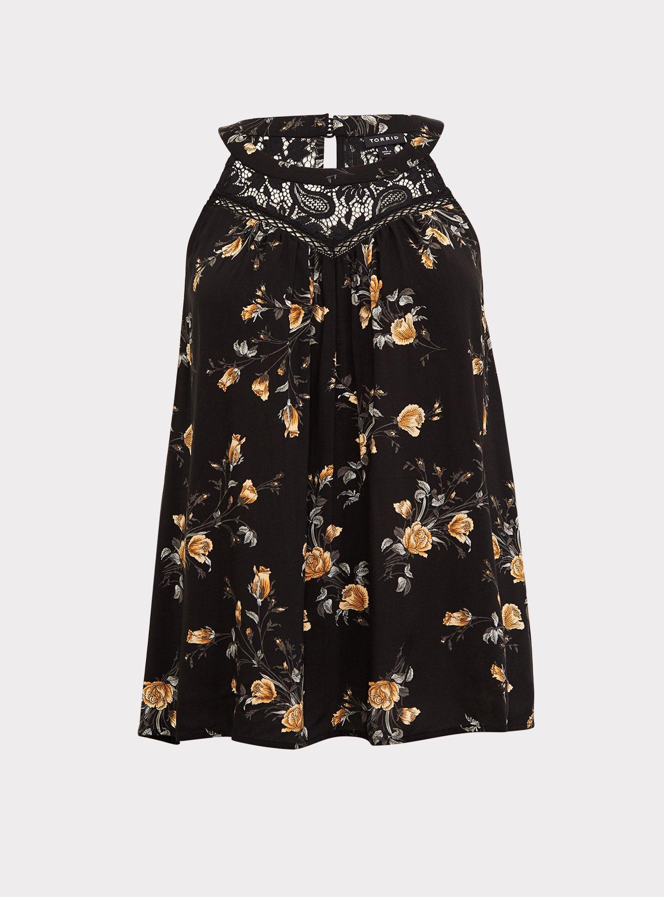 Challis Lace Trim Goddess Neck Tank, BLACK FLORAL, hi-res