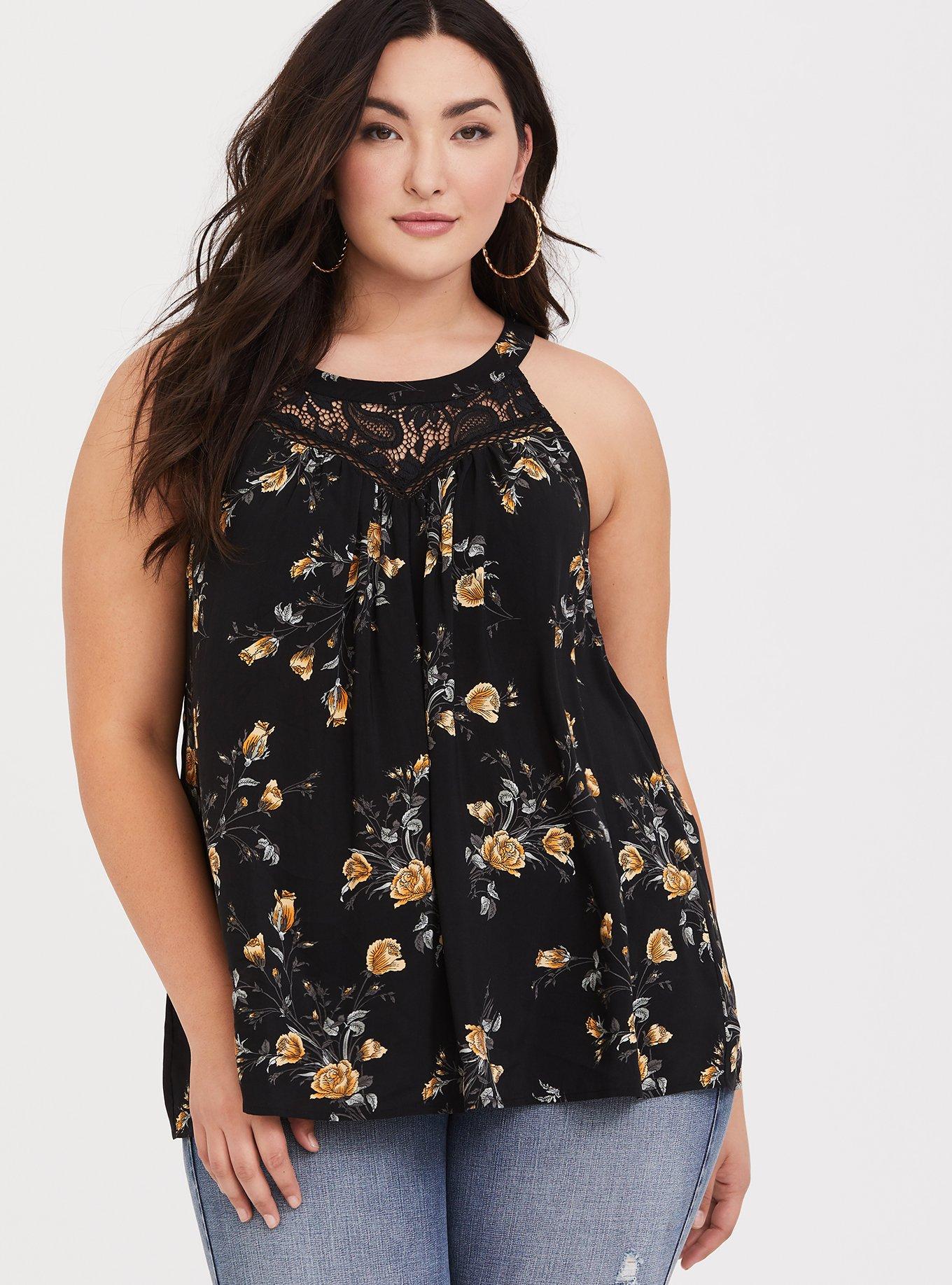 Challis Lace Trim Goddess Neck Tank, BLACK FLORAL, hi-res