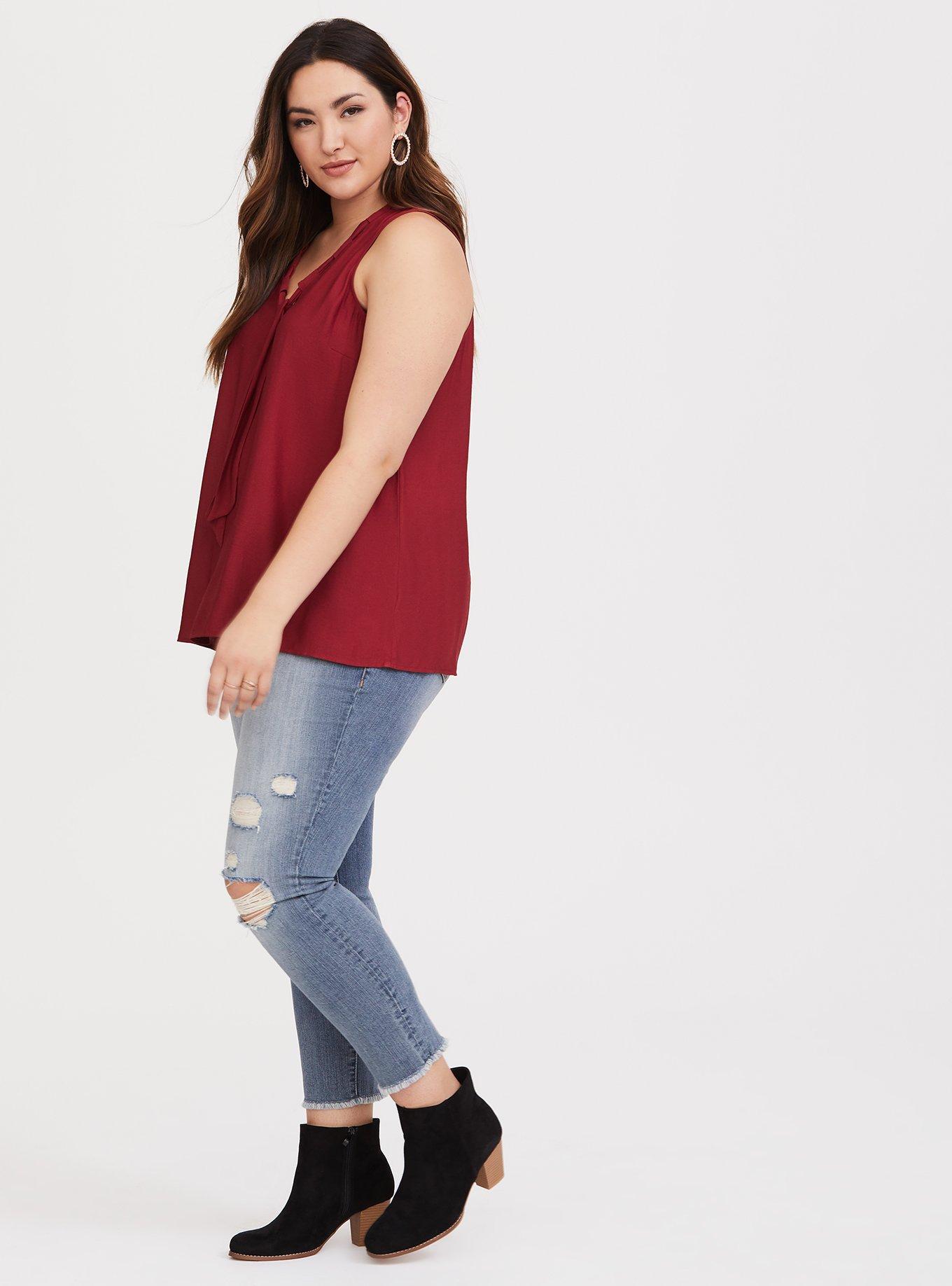 Plus Size Red Tie Neck Crepe Tank, NONEC, alternate