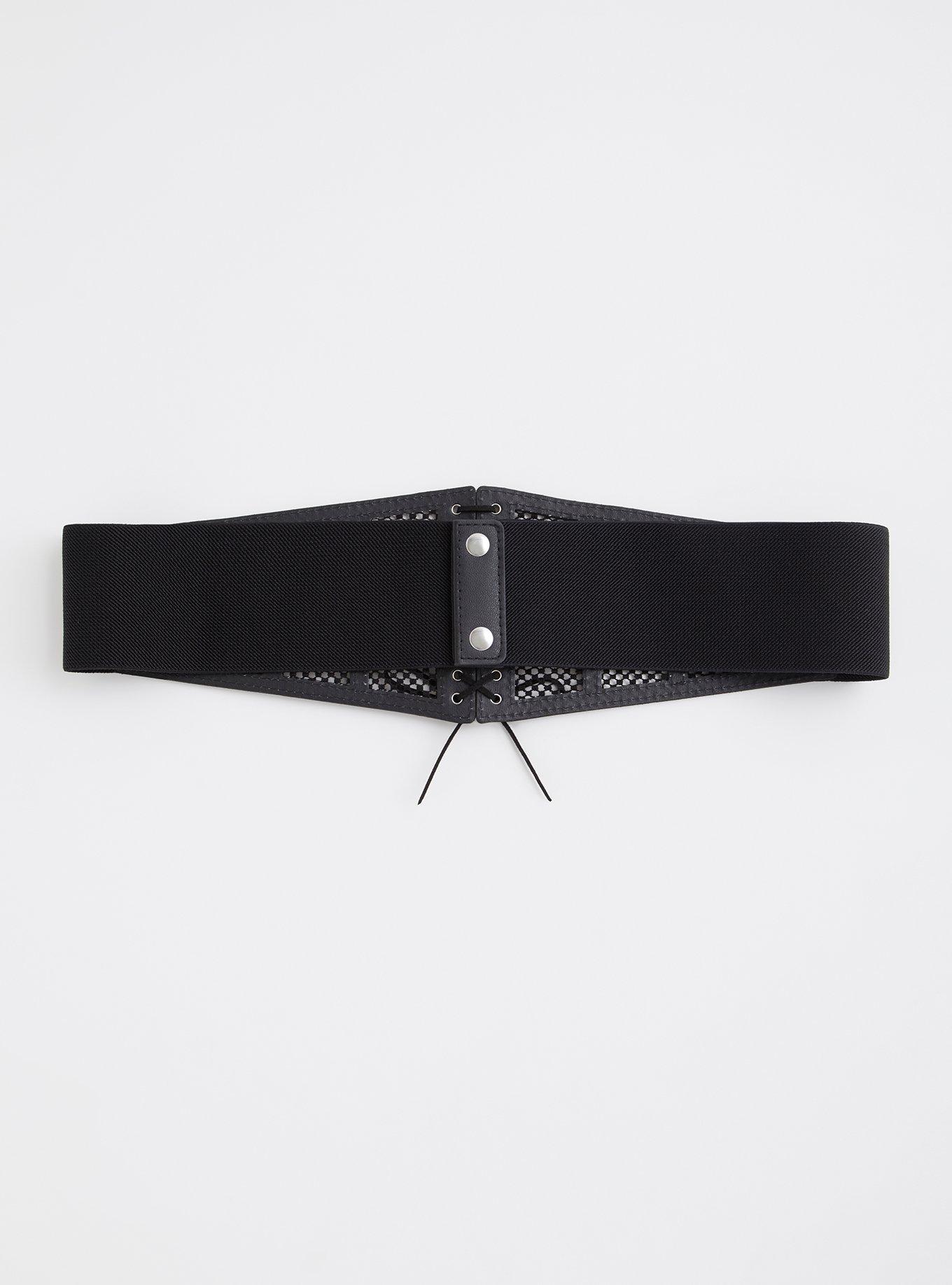 Plus Size Black Mesh Lace-Up Corset Belt, BLACK, alternate