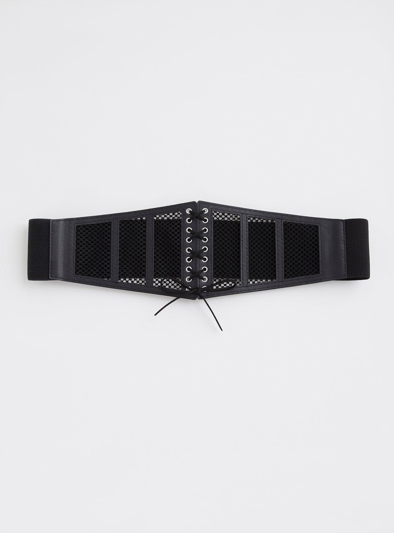 Plus Size Black Mesh Lace-Up Corset Belt, BLACK, hi-res