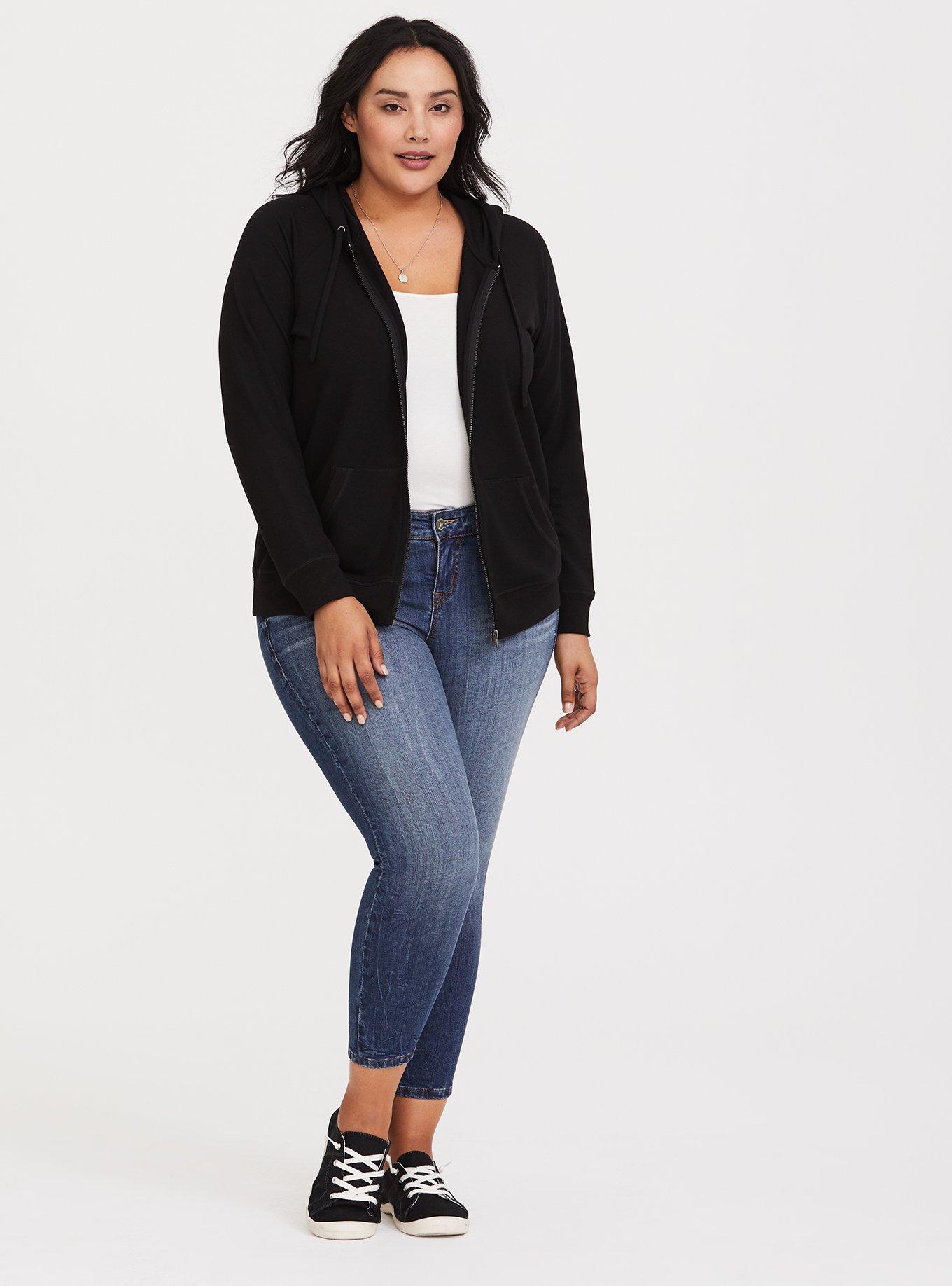 Plus Size Black Zip Hoodie, DEEP BLACK, alternate