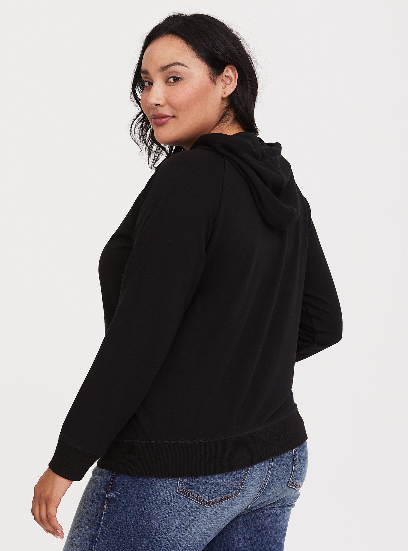 Plus Size Black Zip Hoodie, DEEP BLACK, alternate