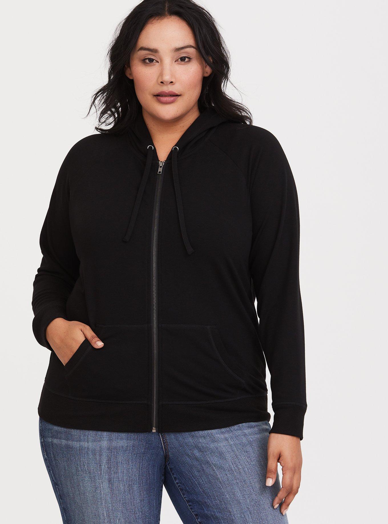 Plus Size Black Zip Hoodie, DEEP BLACK, alternate