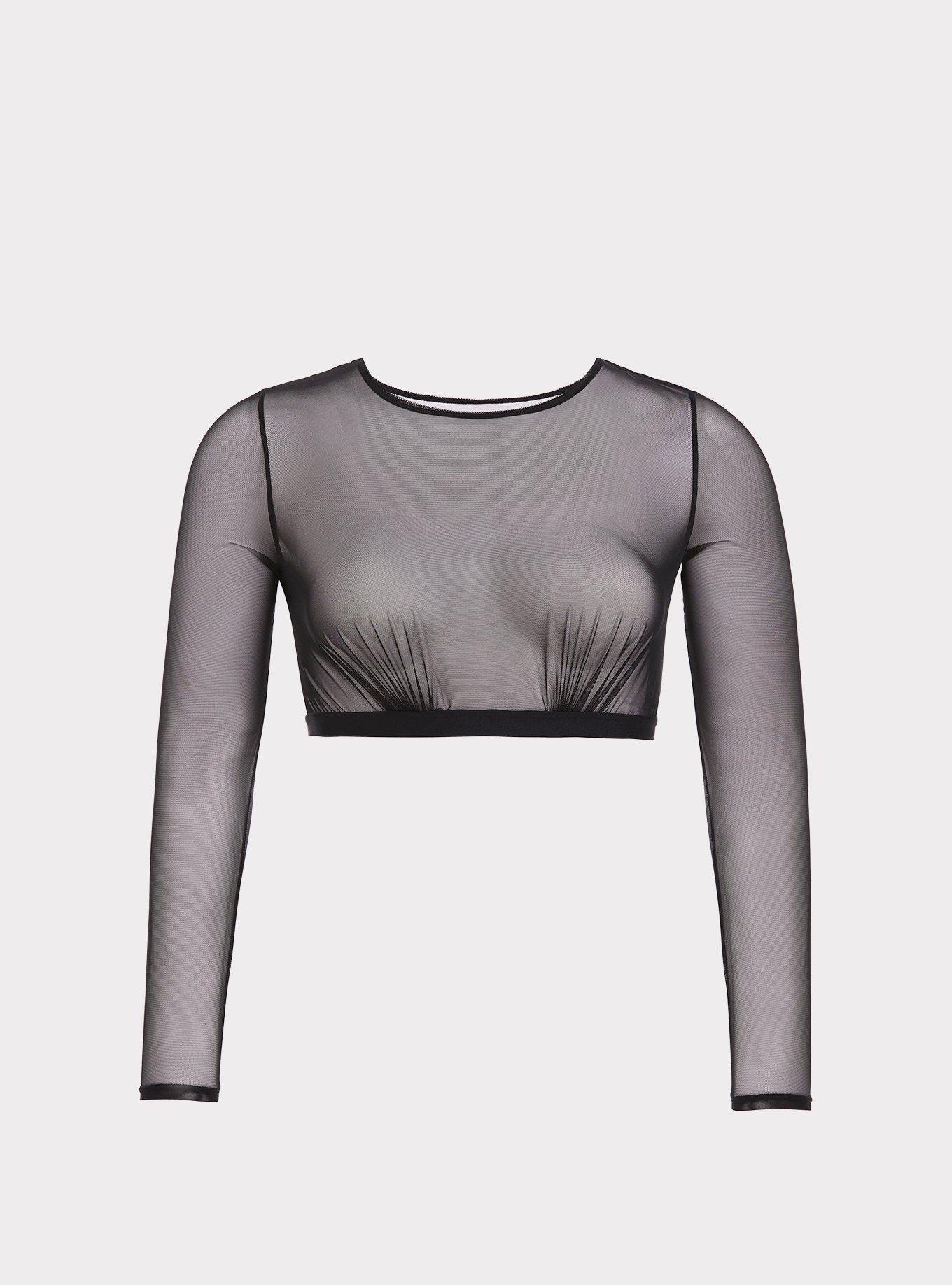 Sheer Lace Crop Top with Long Sleeves Bralet Insert in Black (£20