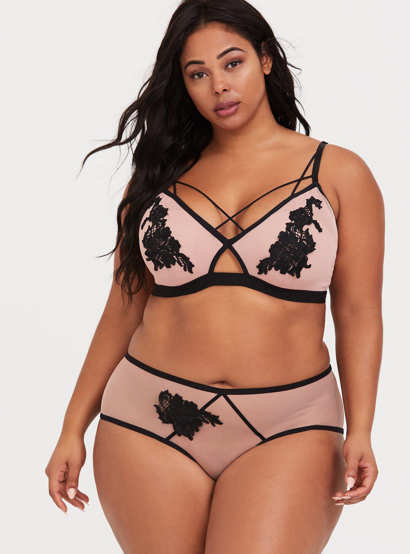 Plus Size Strappy Mesh Applique Bralette, PINK, alternate