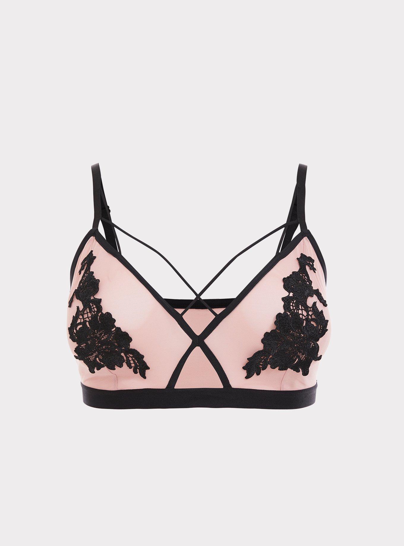 Plus Size Strappy Mesh Applique Bralette, PINK, hi-res