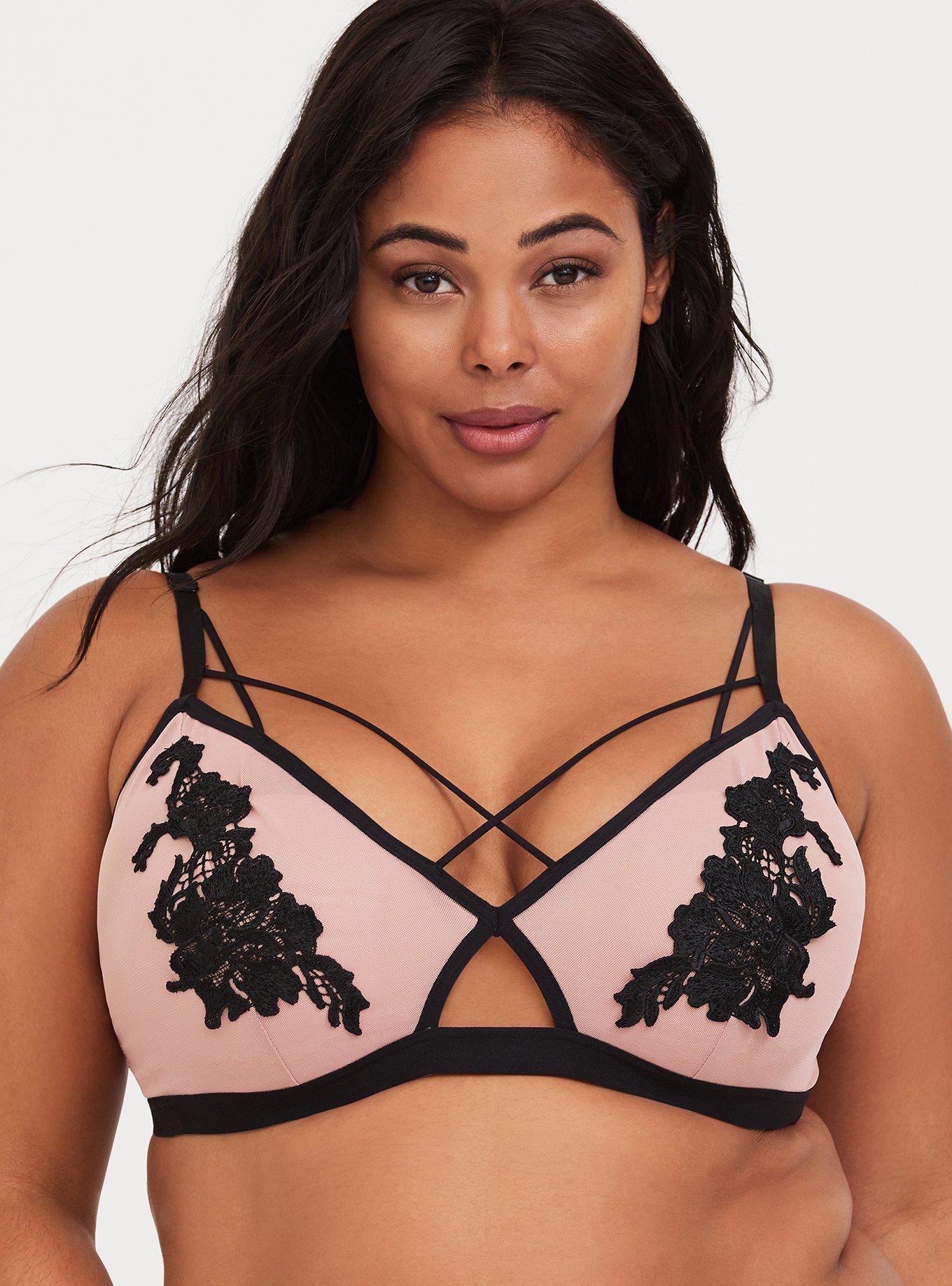 Plus Size Strappy Mesh Applique Bralette, PINK, hi-res