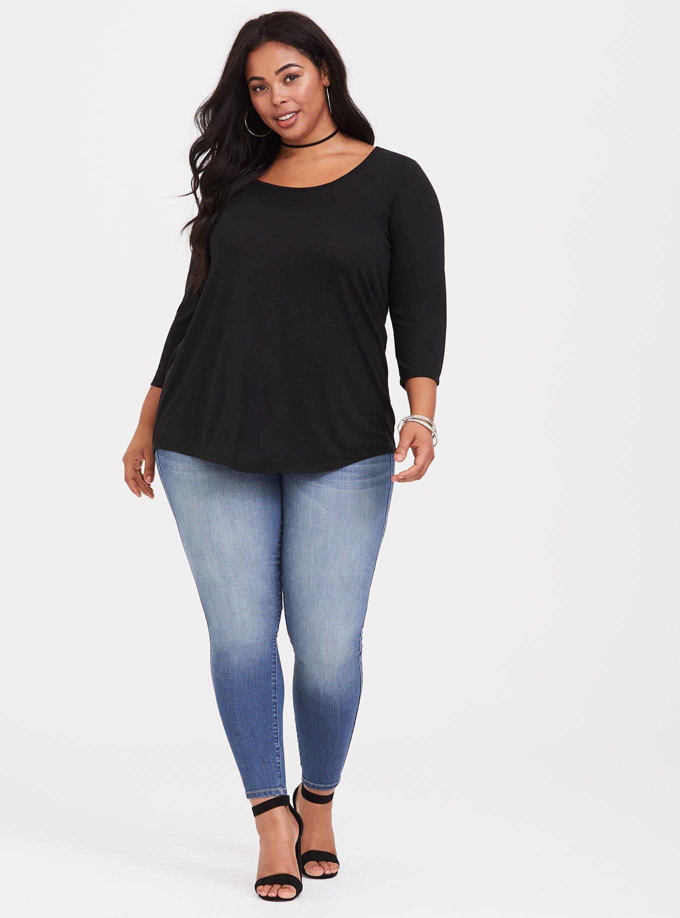 Plus Size Featherlight Slub Scoop Neck Mixed Media Tunic Long Sleeve Tee, DEEP BLACK, alternate