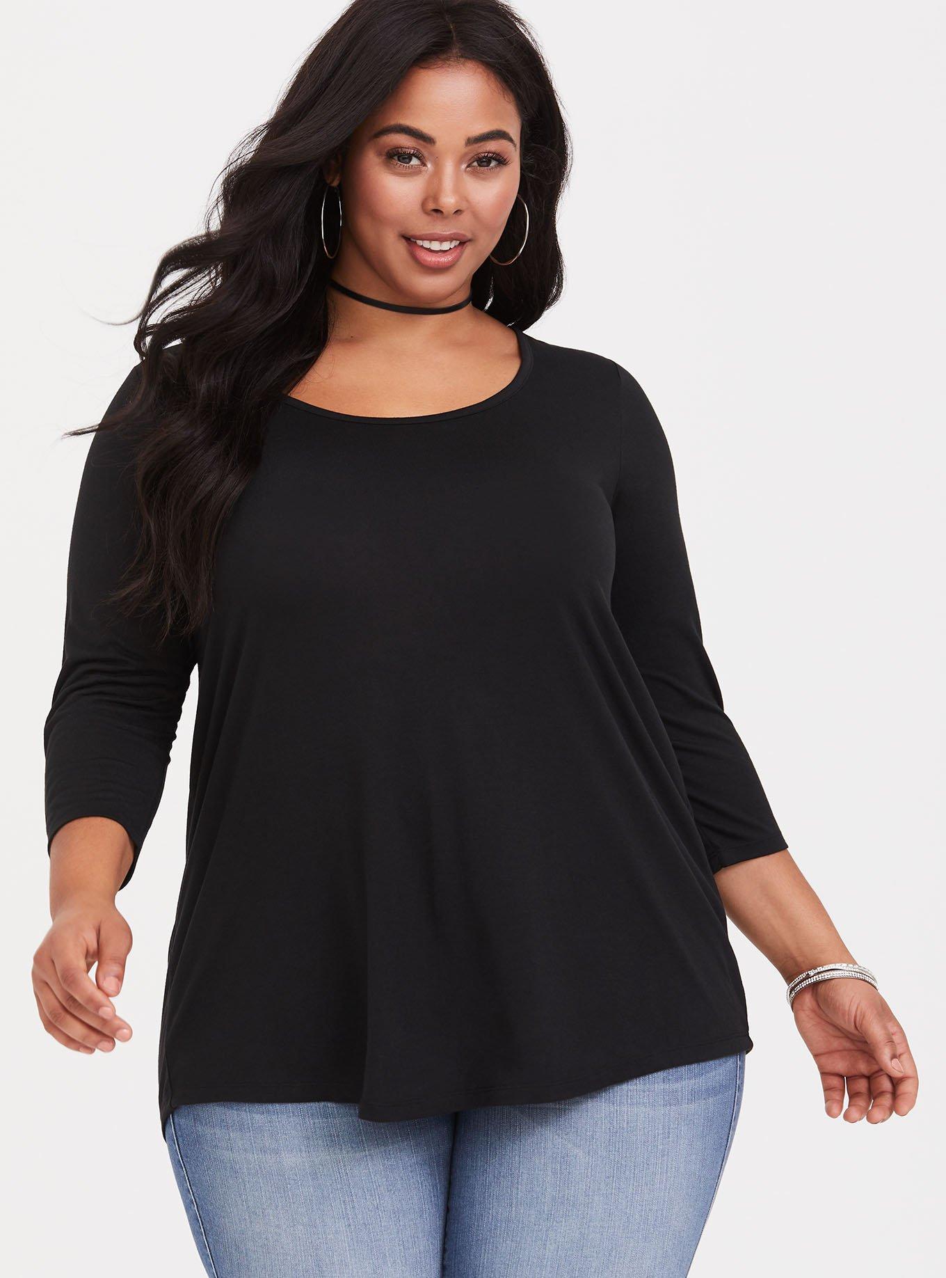 Plus Size Featherlight Slub Scoop Neck Mixed Media Tunic Long Sleeve Tee, DEEP BLACK, alternate