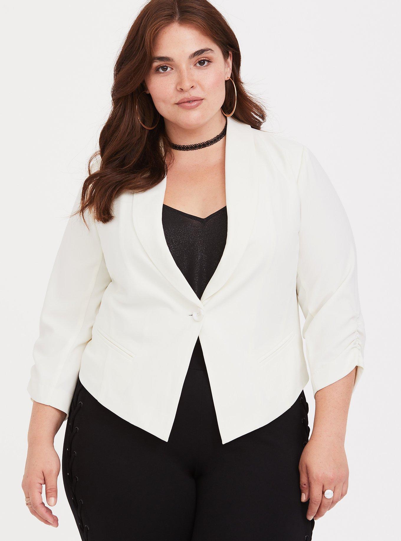 Plus Size White Stretch Crepe Blazer, , hi-res