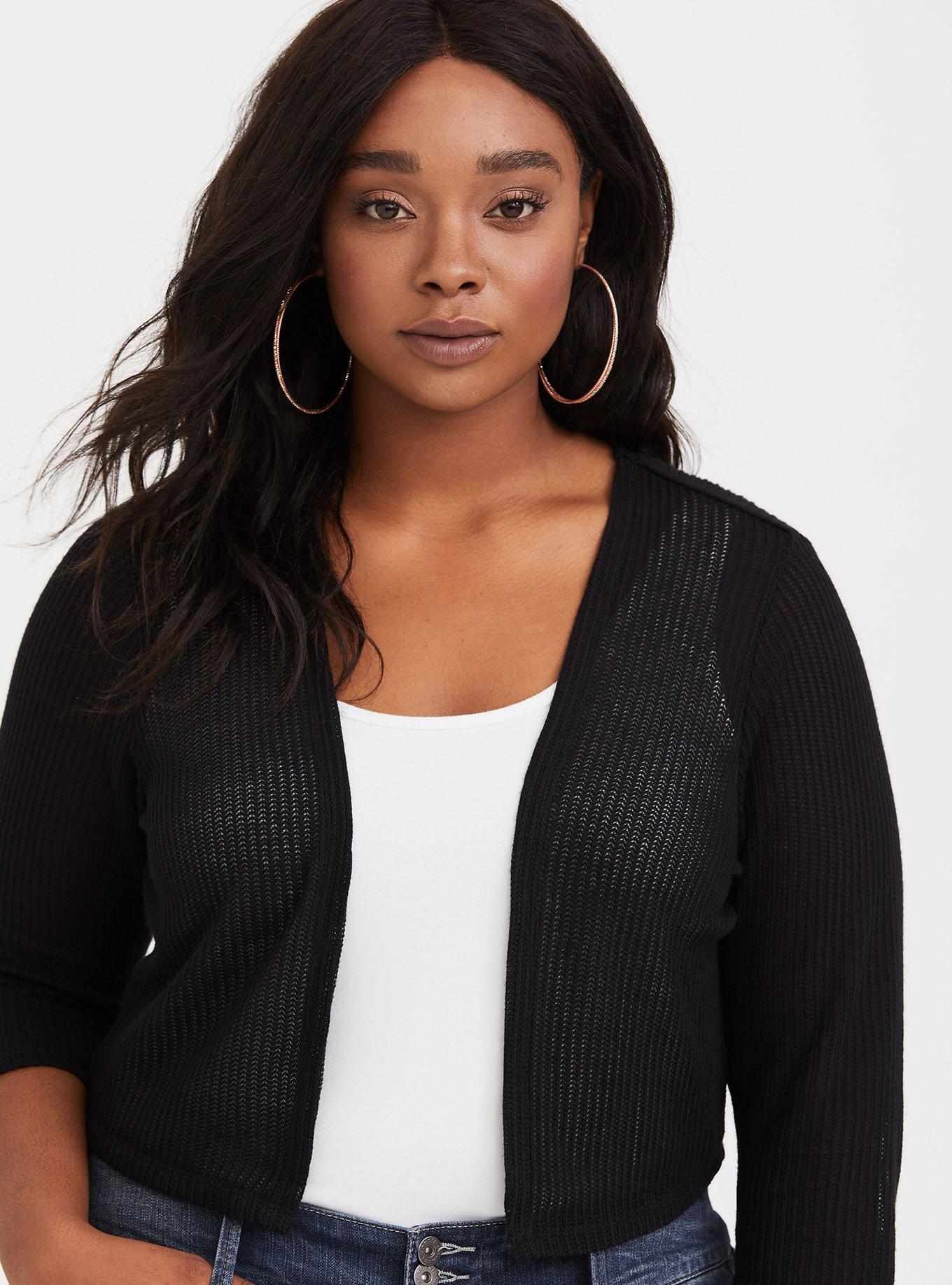 Black 3/4 Sleeve Shrug, NONEC, hi-res
