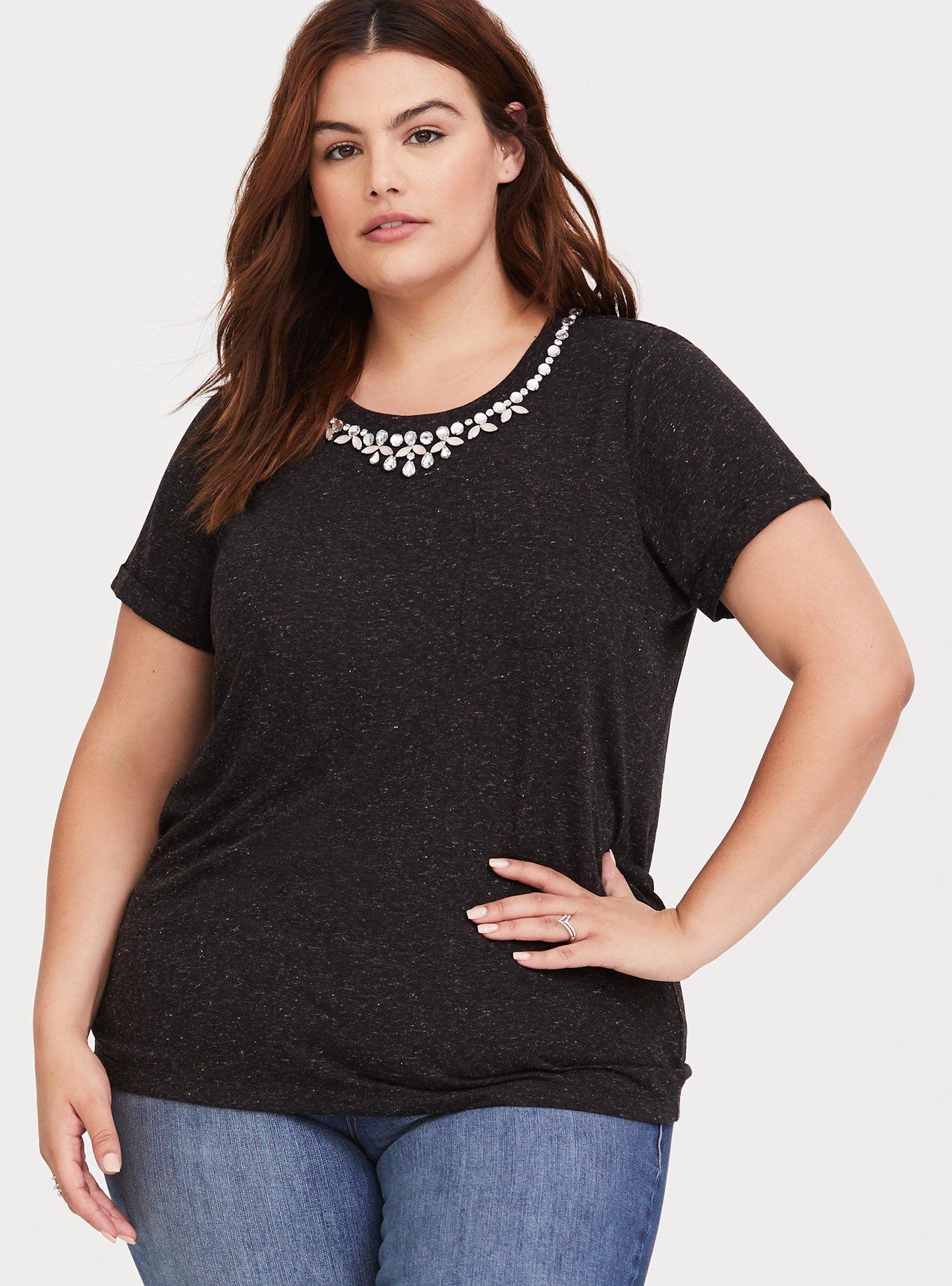 Women's Fitted T-Shirt Ladies Round Neck (size:1X- 17.5 Chest - 28  Length) (Black) Reserved Brand - Texas Rhinestone