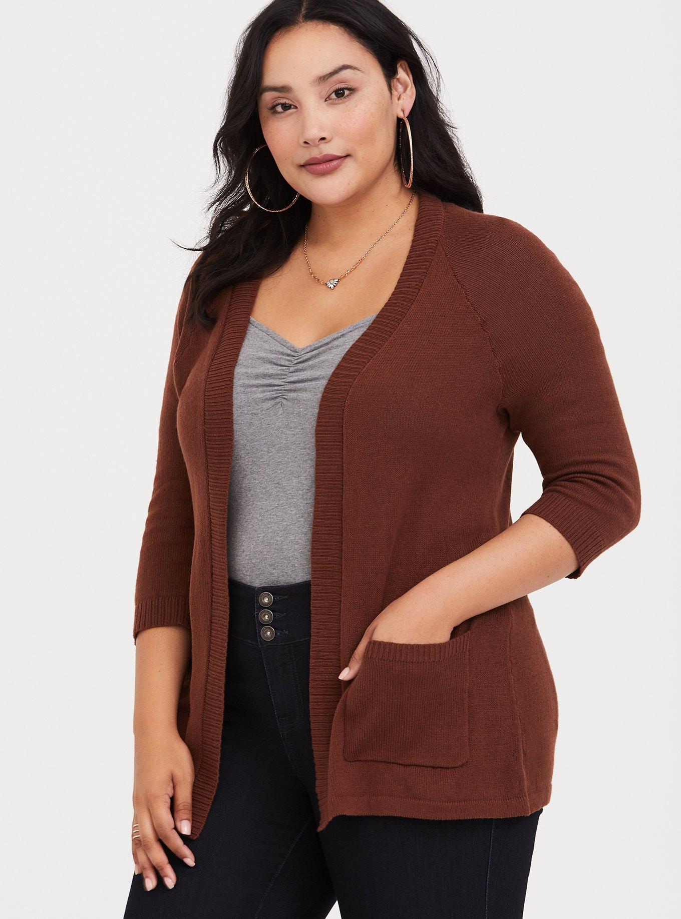 Plus Size - Brown Open Stitched Cardigan - Torrid