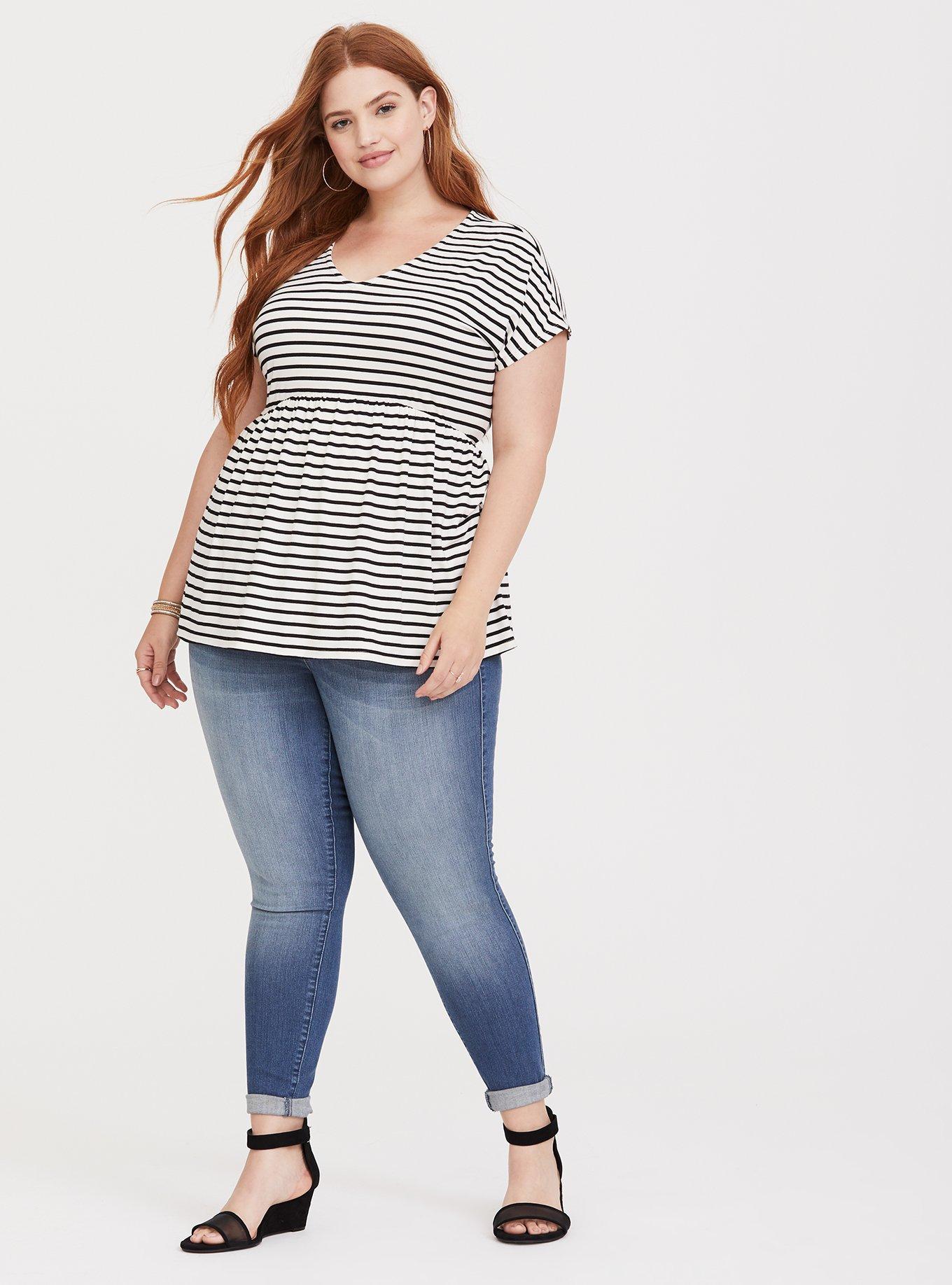 Plus Size - Black & White Stripe Babydoll Tee - Torrid