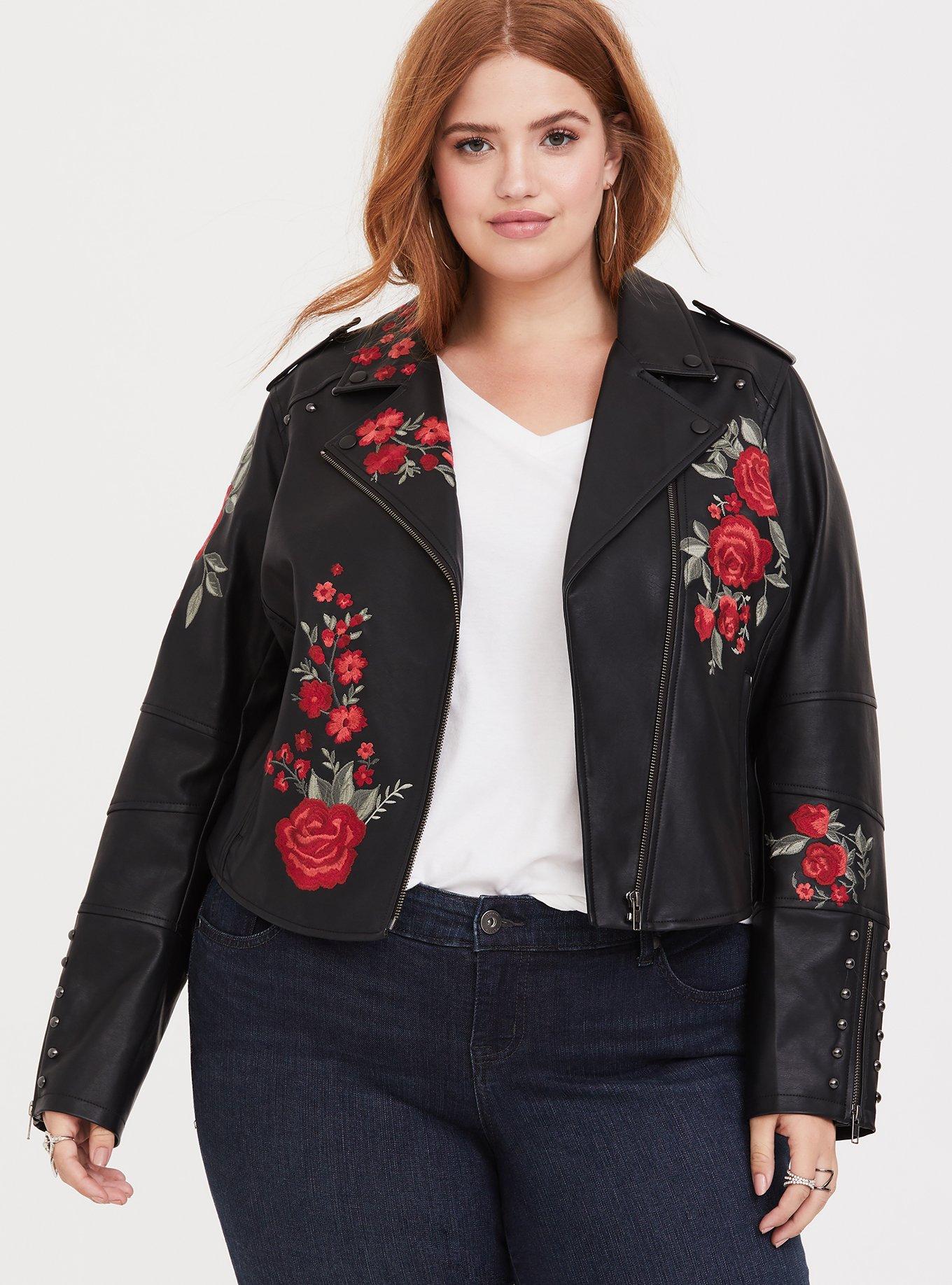 Plus Size Black Faux Leather Applique Moto Jacket, DEEP BLACK, alternate