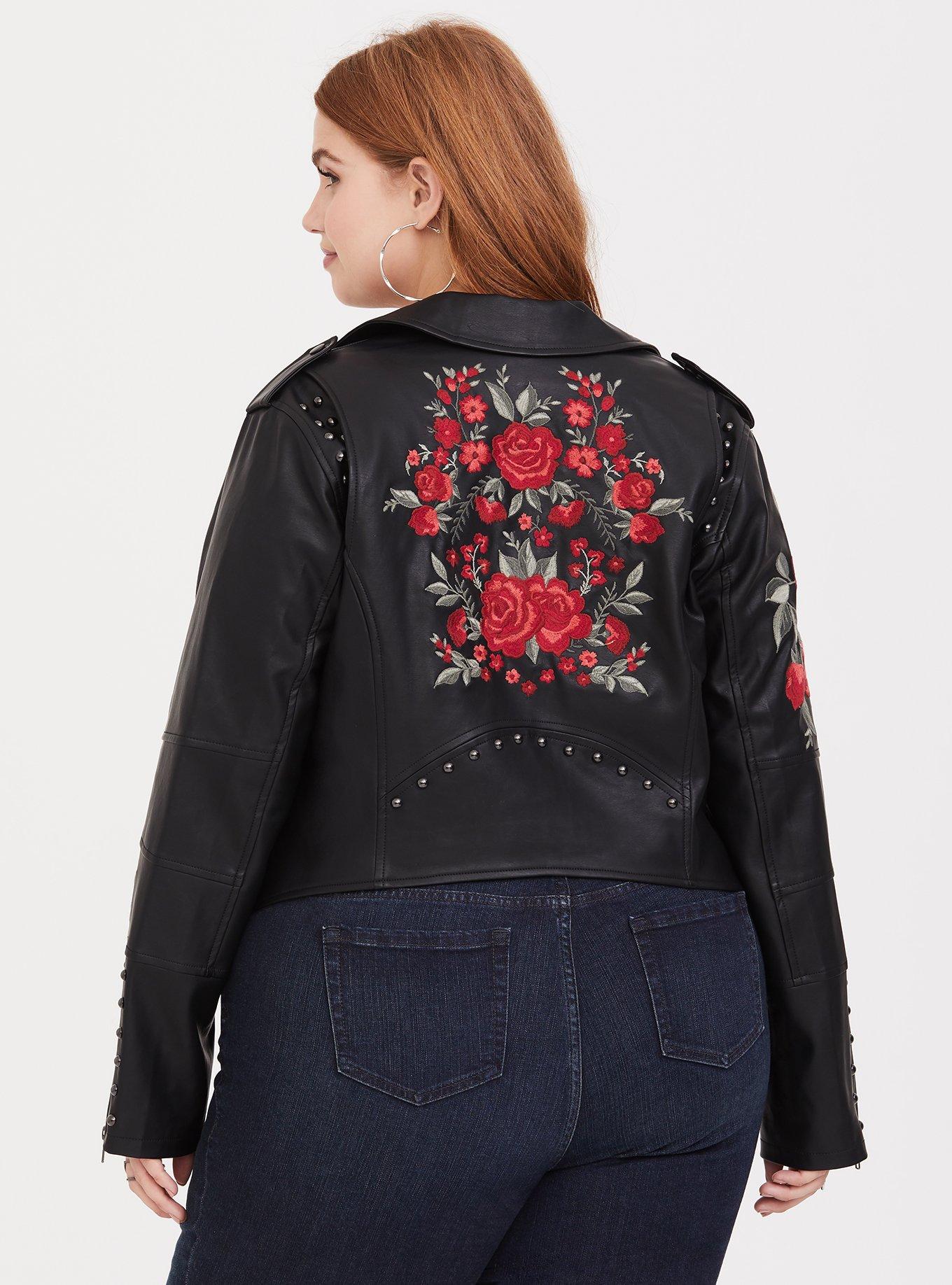 Black Vegan Leather Jacket with Rose Flower Embroidery Size Small