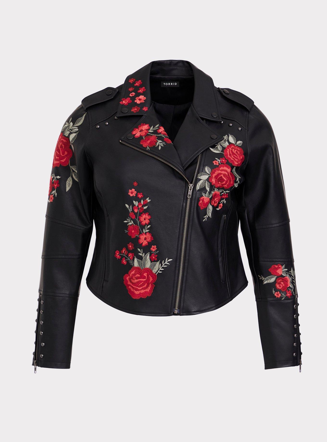 Black leather shop jacket with roses