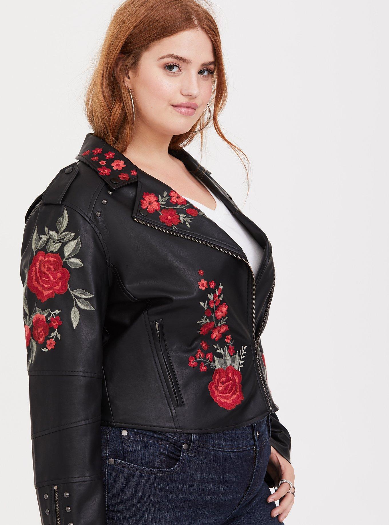 Black Vegan Leather Jacket with Rose Flower Embroidery Size Small