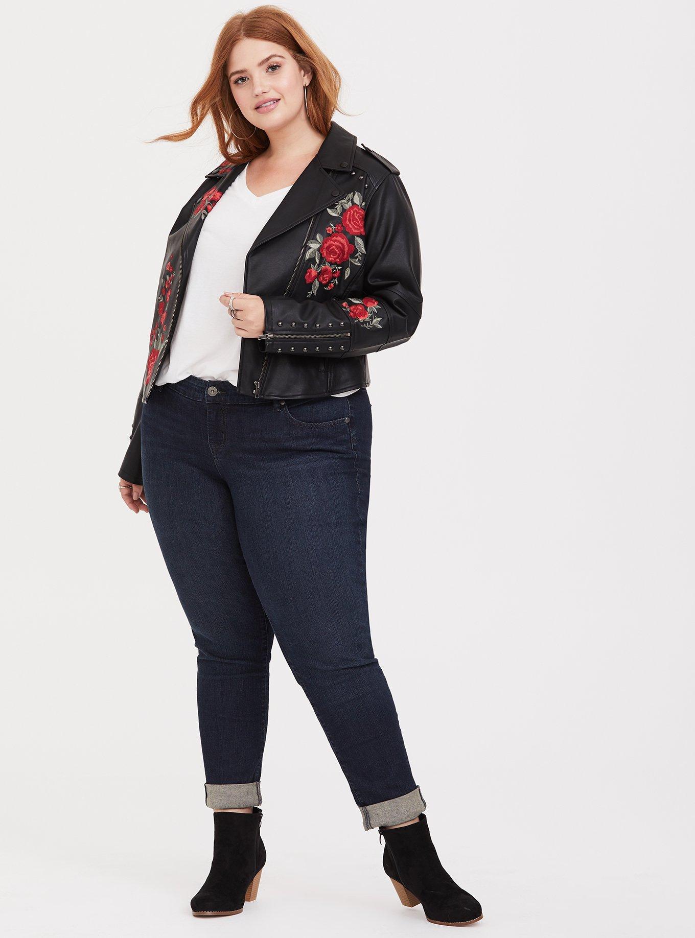 Plus Size - Black Faux Leather Applique Moto Jacket - Torrid