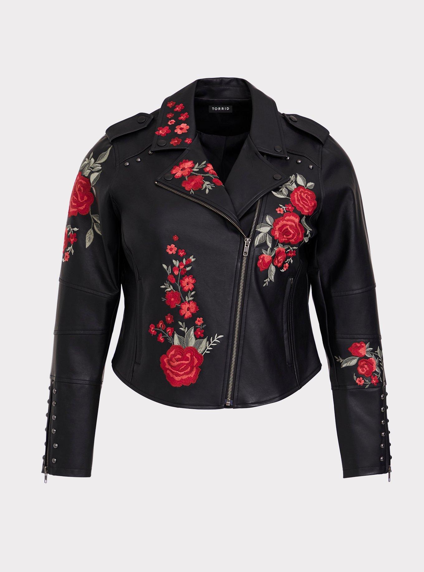Black Faux Leather Applique Moto Jacket, , hi-res