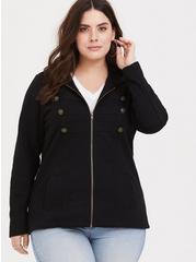 Plus Size French Terry Military Hooded Jacket, BLACK, alternate