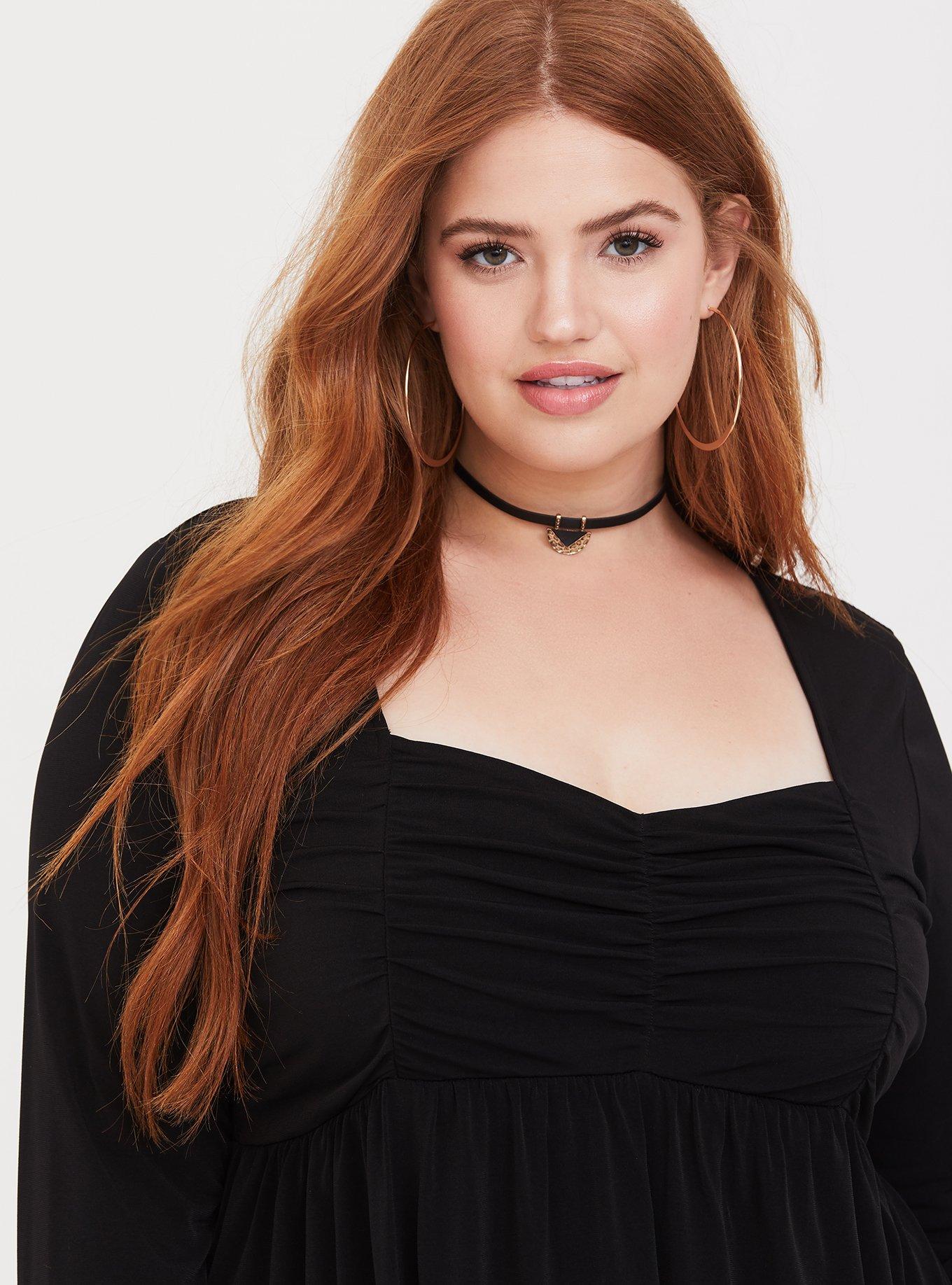 Plus Size Black Ruched Studio Knit Babydoll Tee, DEEP BLACK, alternate