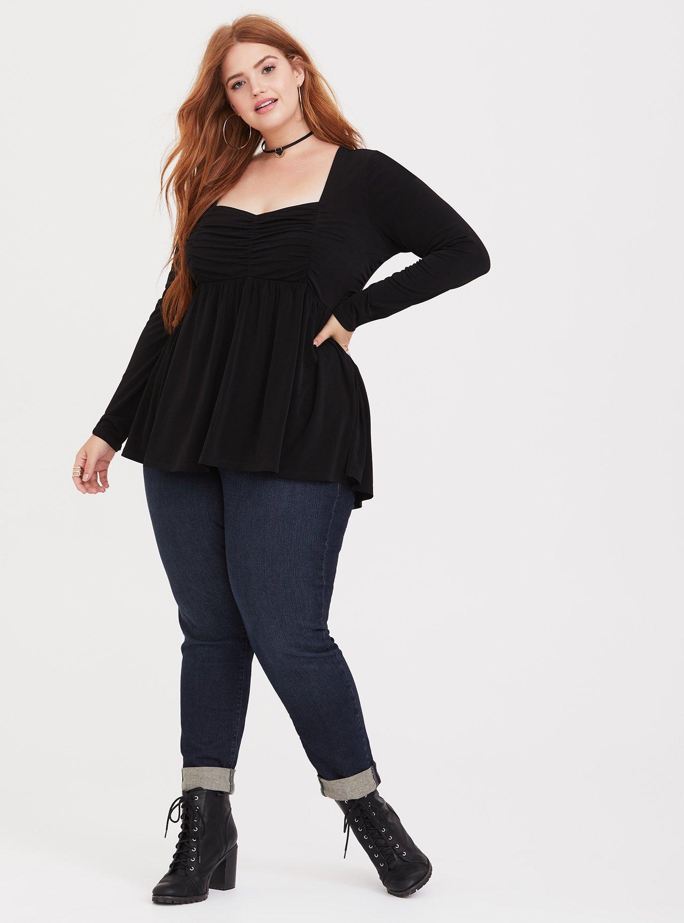 Plus Size Black Ruched Studio Knit Babydoll Tee, DEEP BLACK, alternate