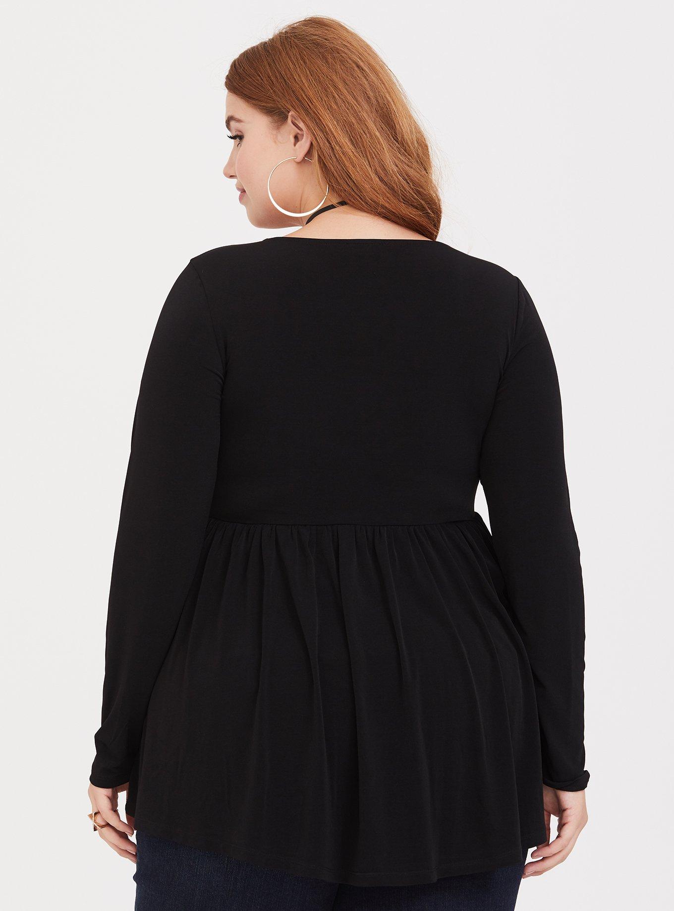 Plus Size Black Ruched Studio Knit Babydoll Tee, DEEP BLACK, alternate