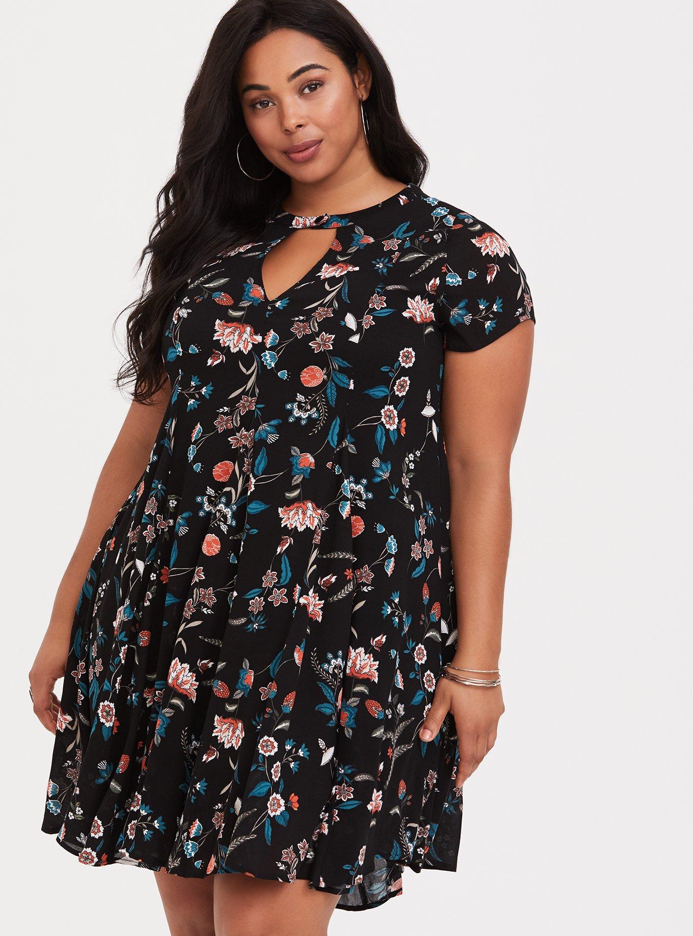 Plus Size - Black Floral Choker Gauze Trapeze Dress - Torrid