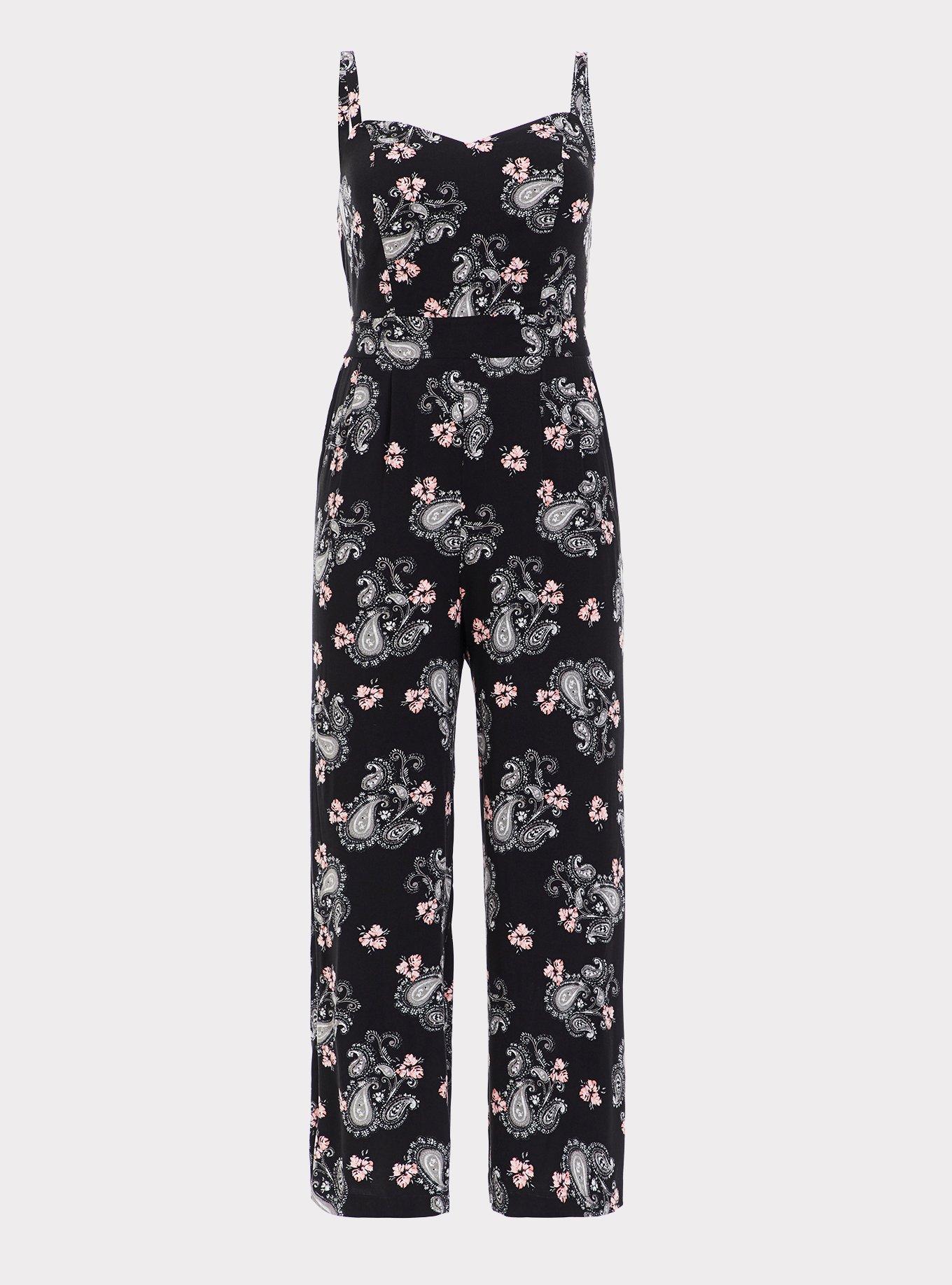 Black & Pink Paisley Wide Leg Challis Jumpsuit, PAISLEY, hi-res