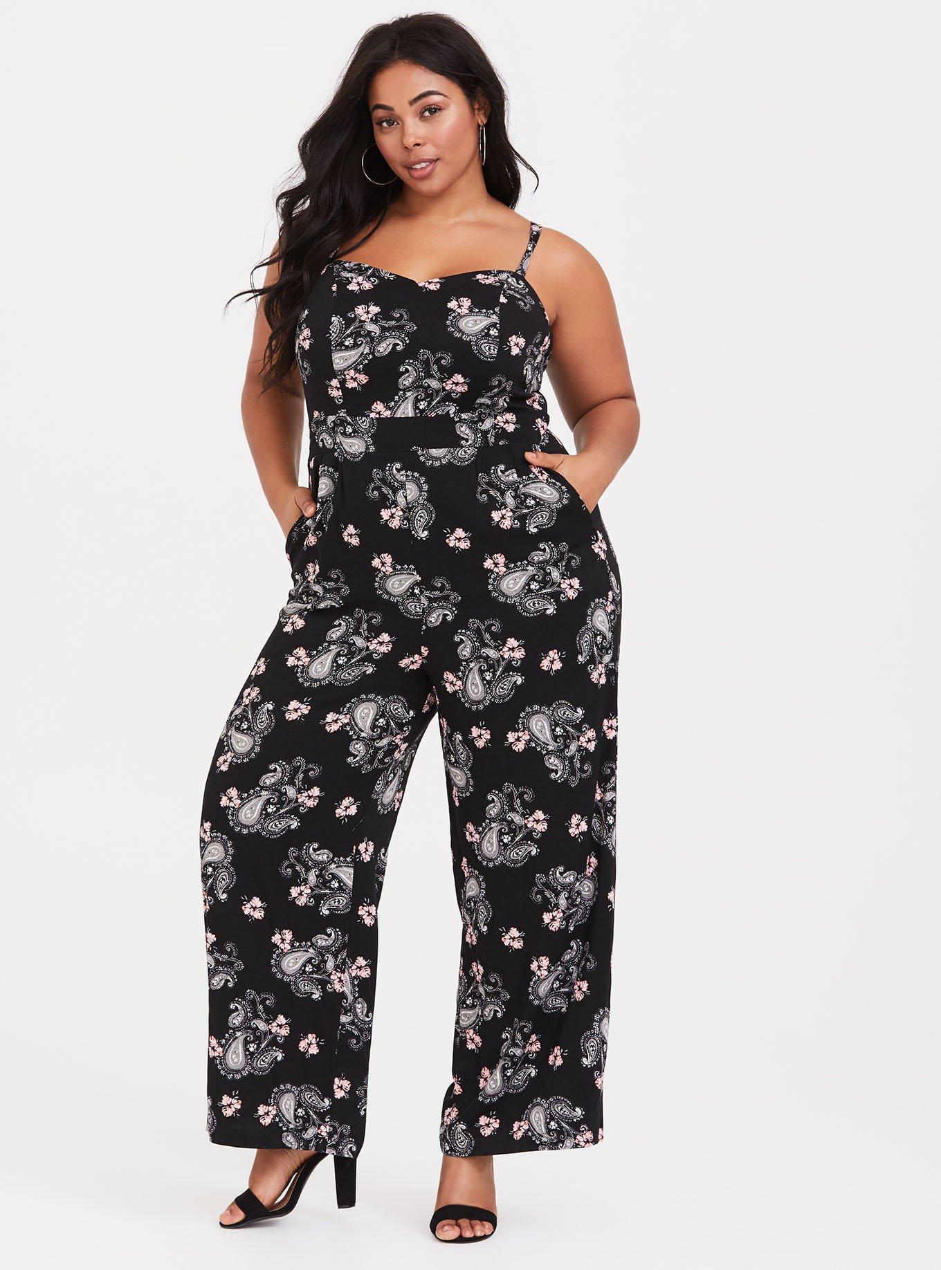 Plus Size - Black & Pink Paisley Wide Leg Challis Jumpsuit - Torrid