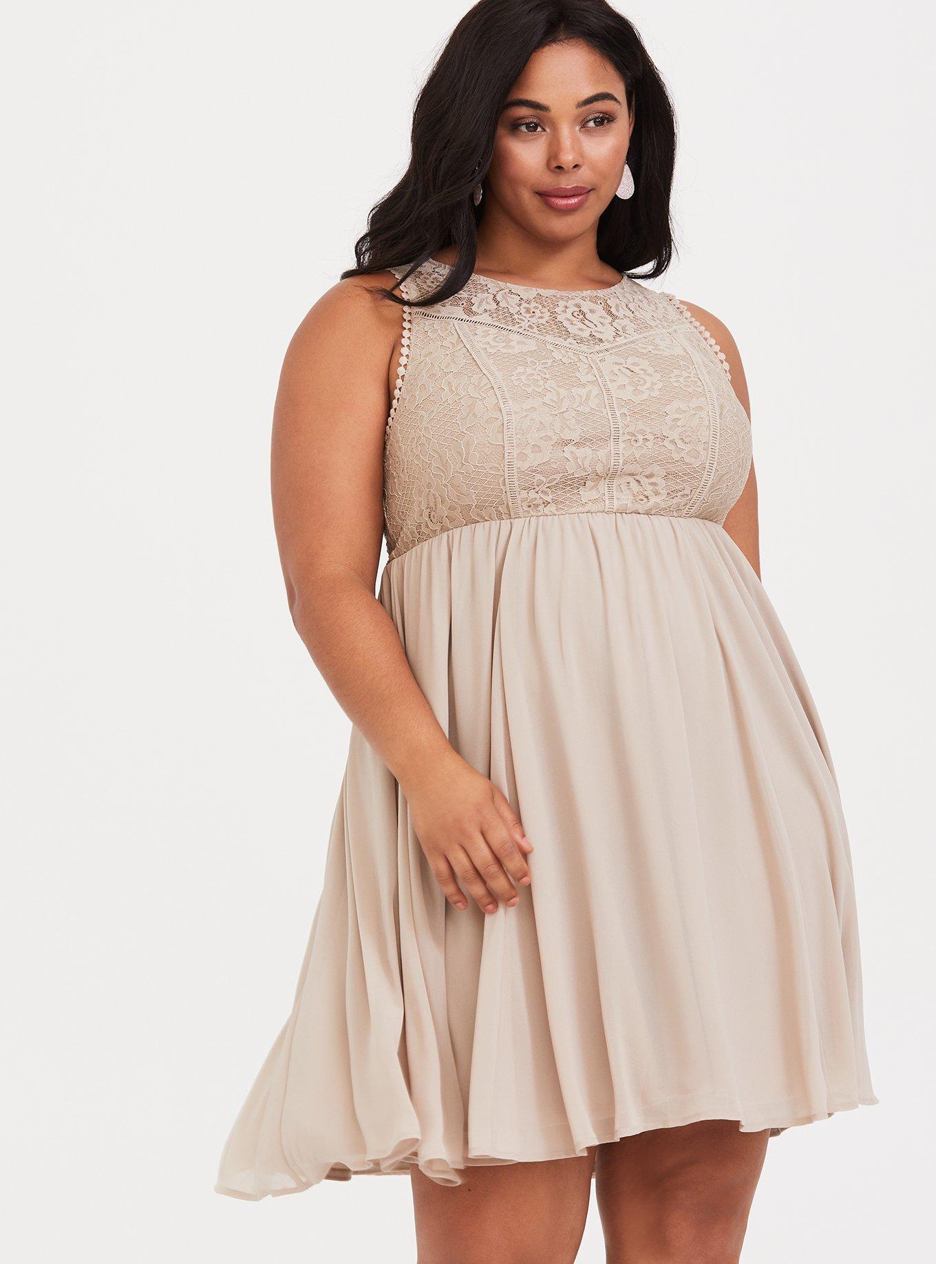 lace chiffon skater dress Plus Size - Stone Beige Lace & Chiffon Skater Dress