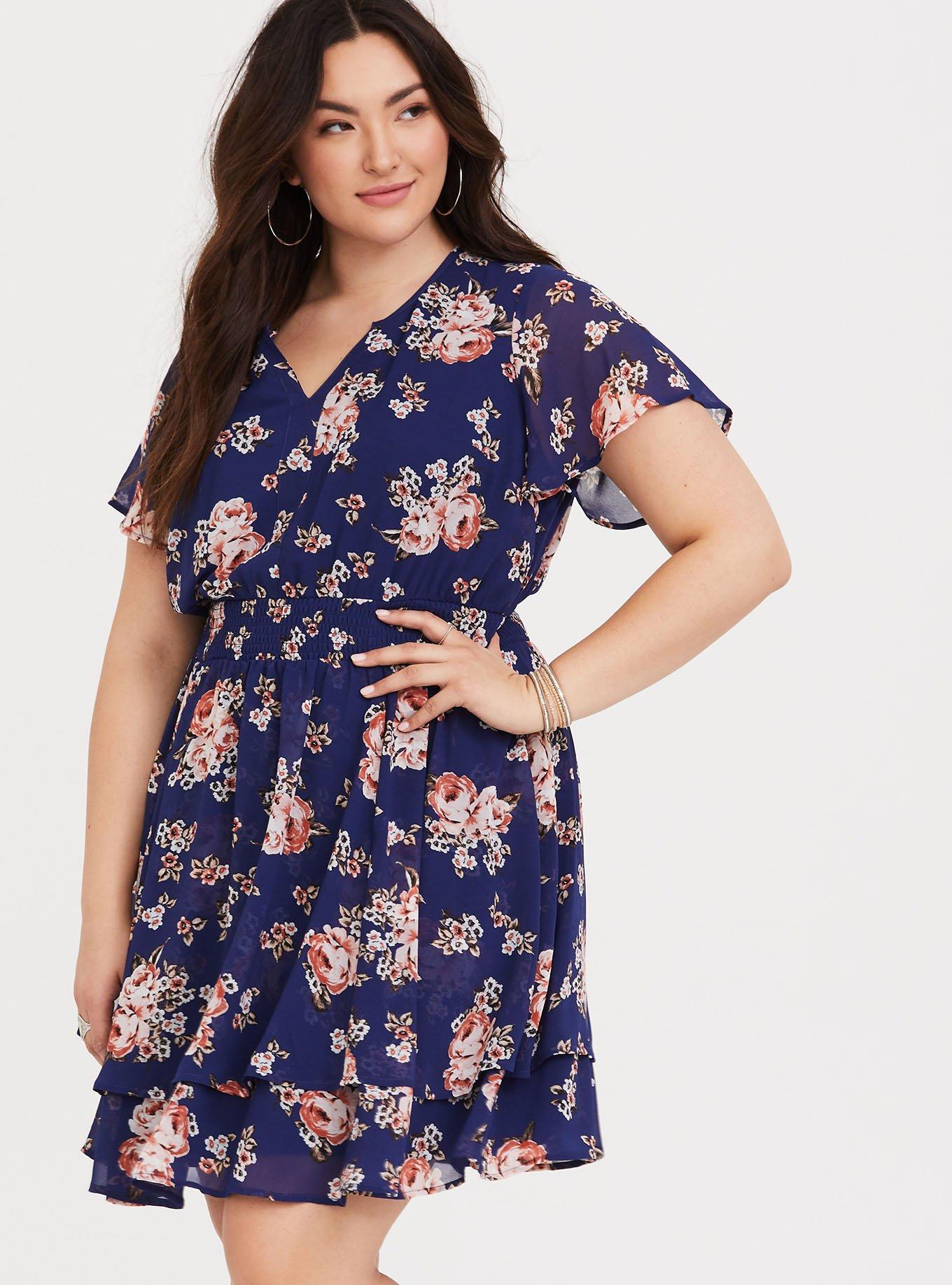 Plus Size - Navy Floral Smocked Chiffon Dress - Torrid