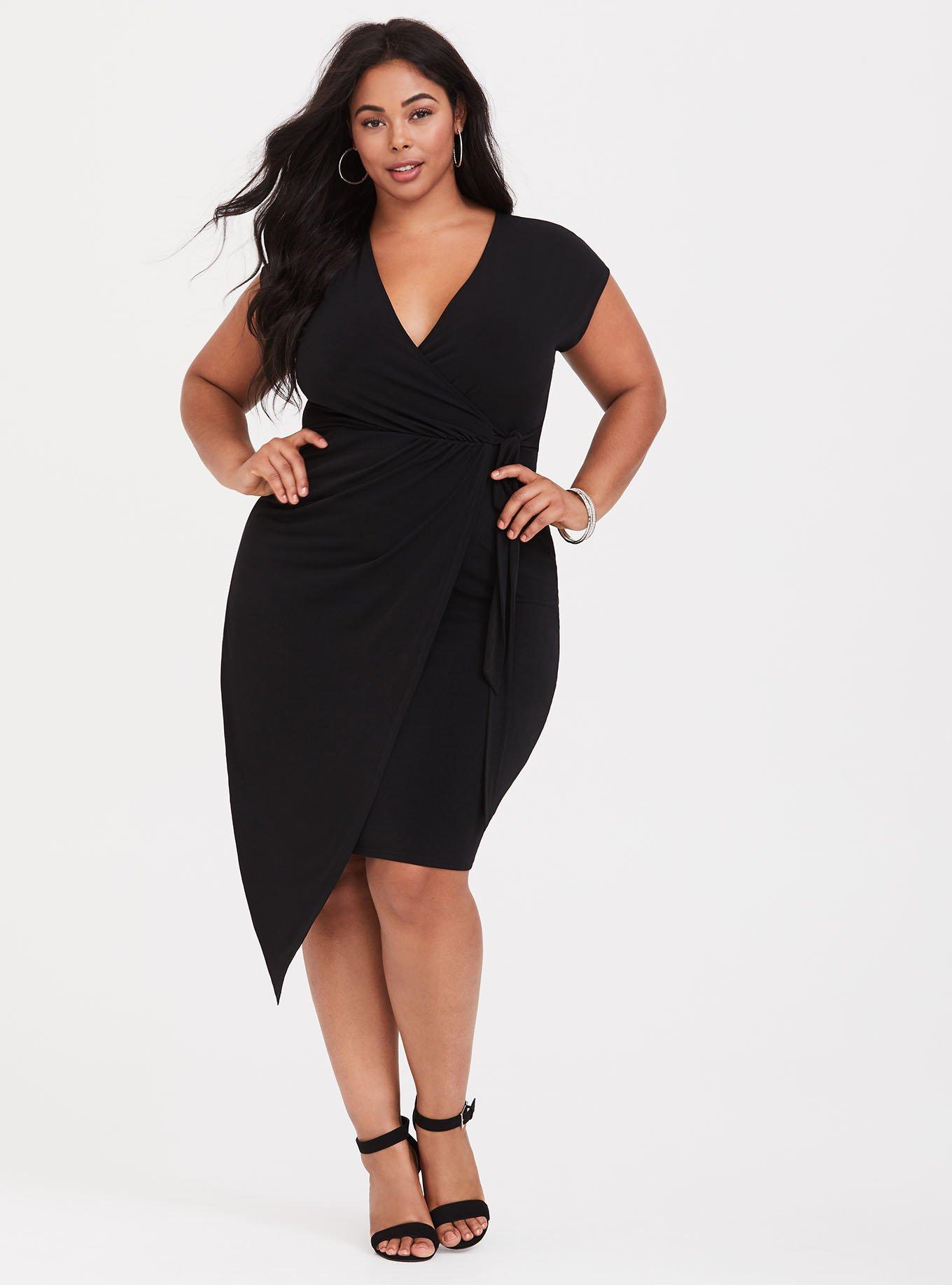 Plus Size Black Jersey Knit Knotted Wrap Dress, DEEP BLACK, alternate