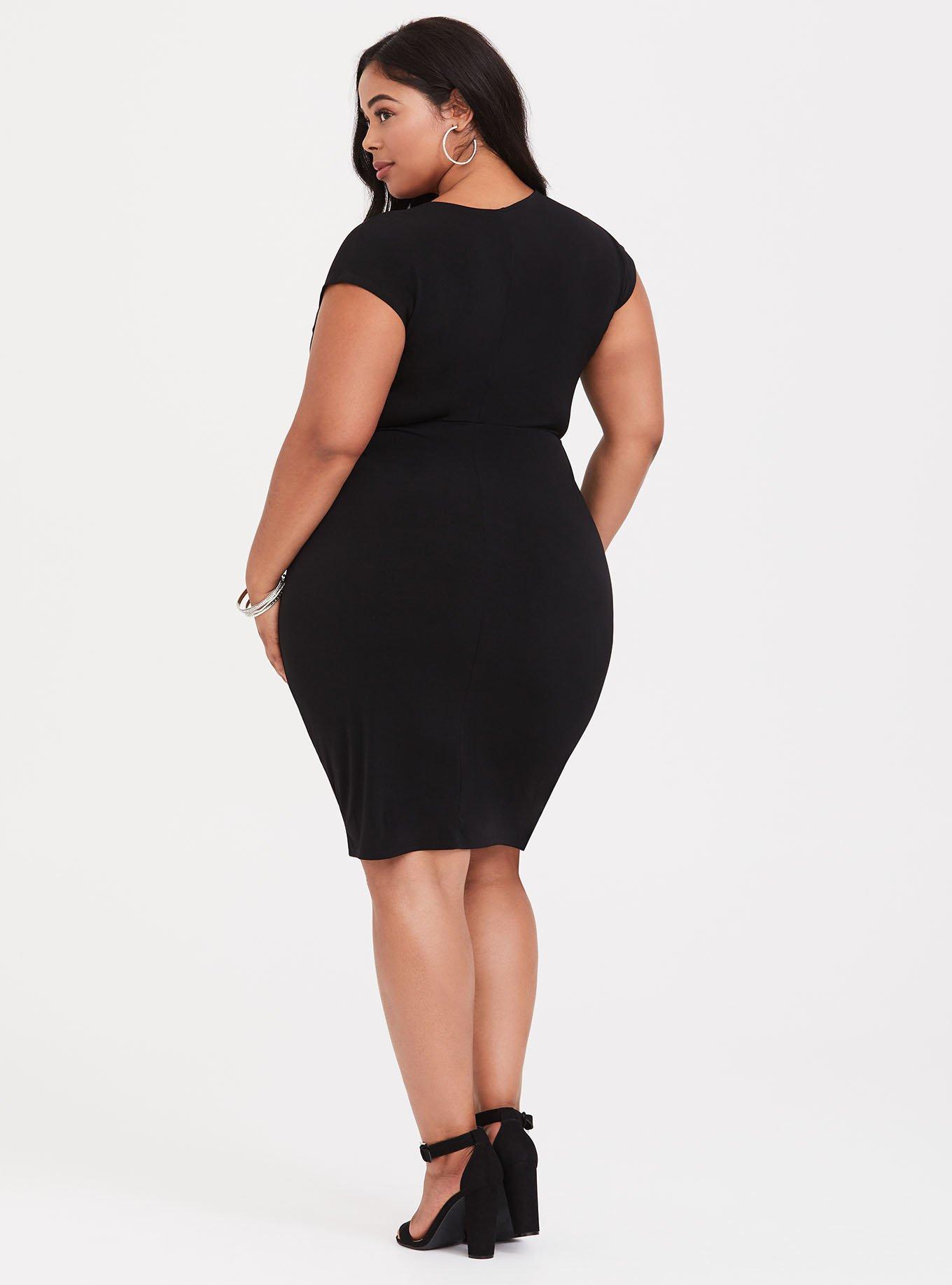 Plus Size Black Jersey Knit Knotted Wrap Dress, DEEP BLACK, alternate