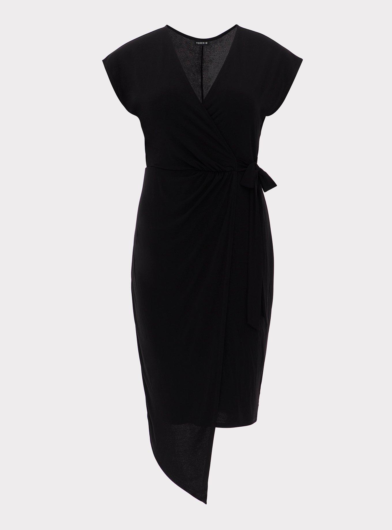 Plus Size Black Jersey Knit Knotted Wrap Dress, , hi-res