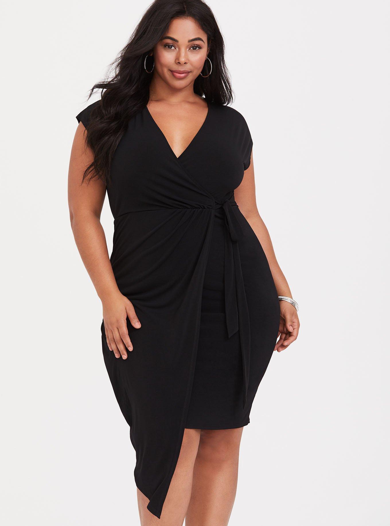 Plus Size Black Jersey Knit Knotted Wrap Dress, , hi-res