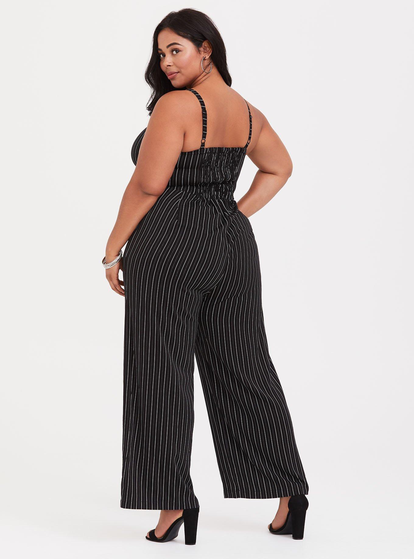 Plus Size Black and White Stripe Wide Leg Challis Jumpsuit Torrid