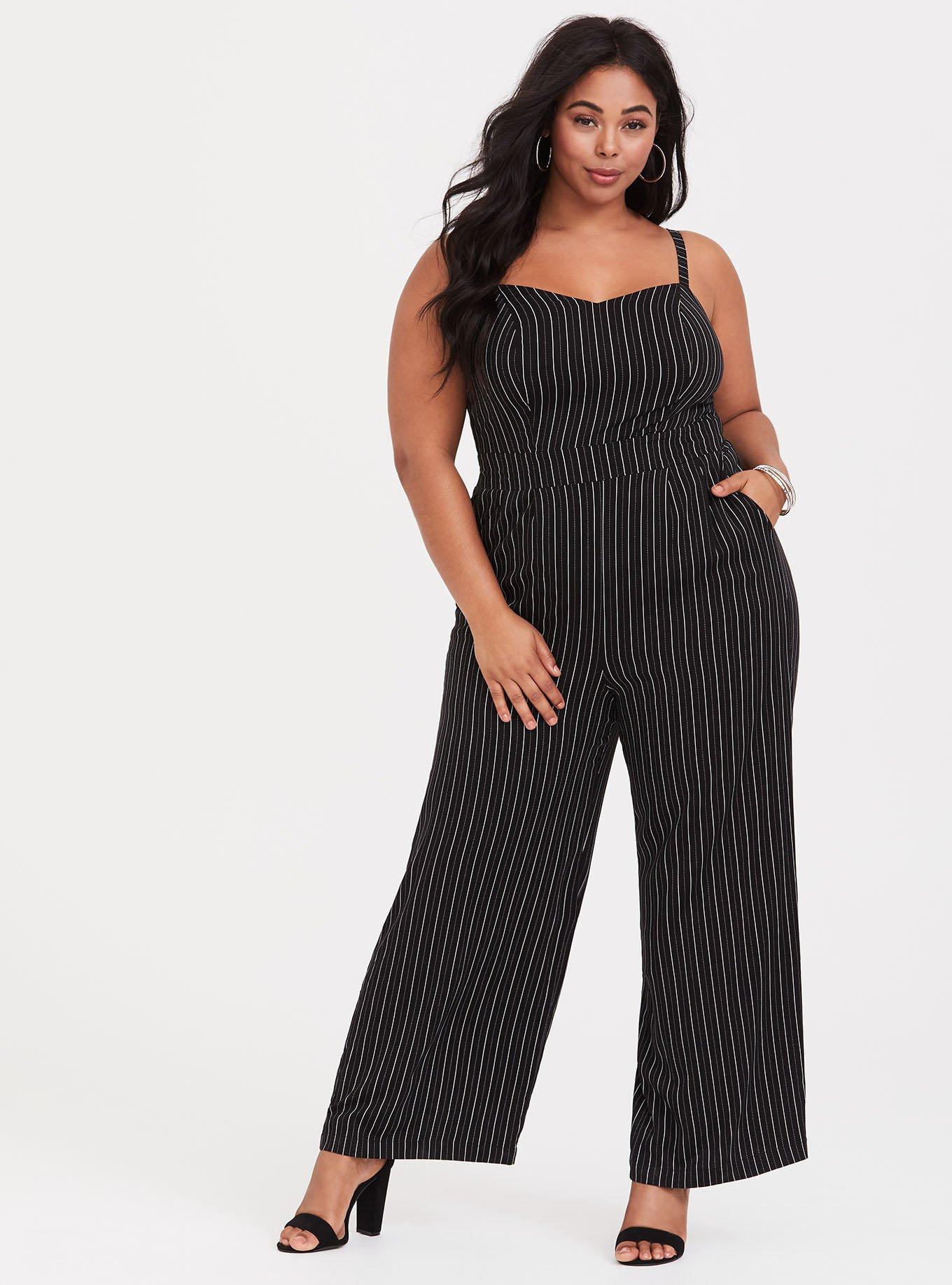 Plus Size - Black and White Stripe Wide Leg Challis Jumpsuit - Torrid