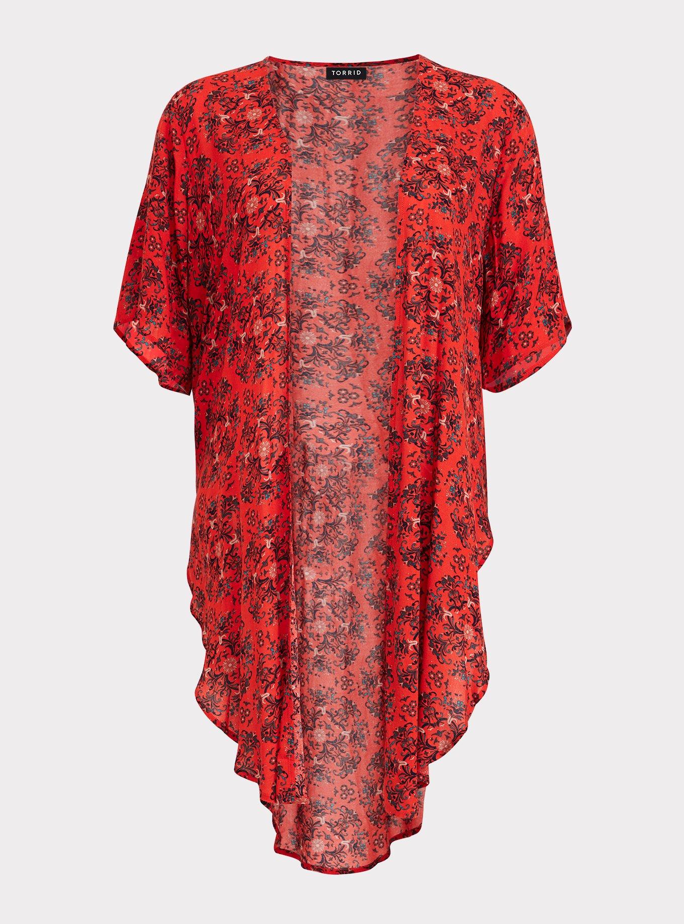 Red Medallion Crepe Kimono, FLORAL MANDALA, hi-res