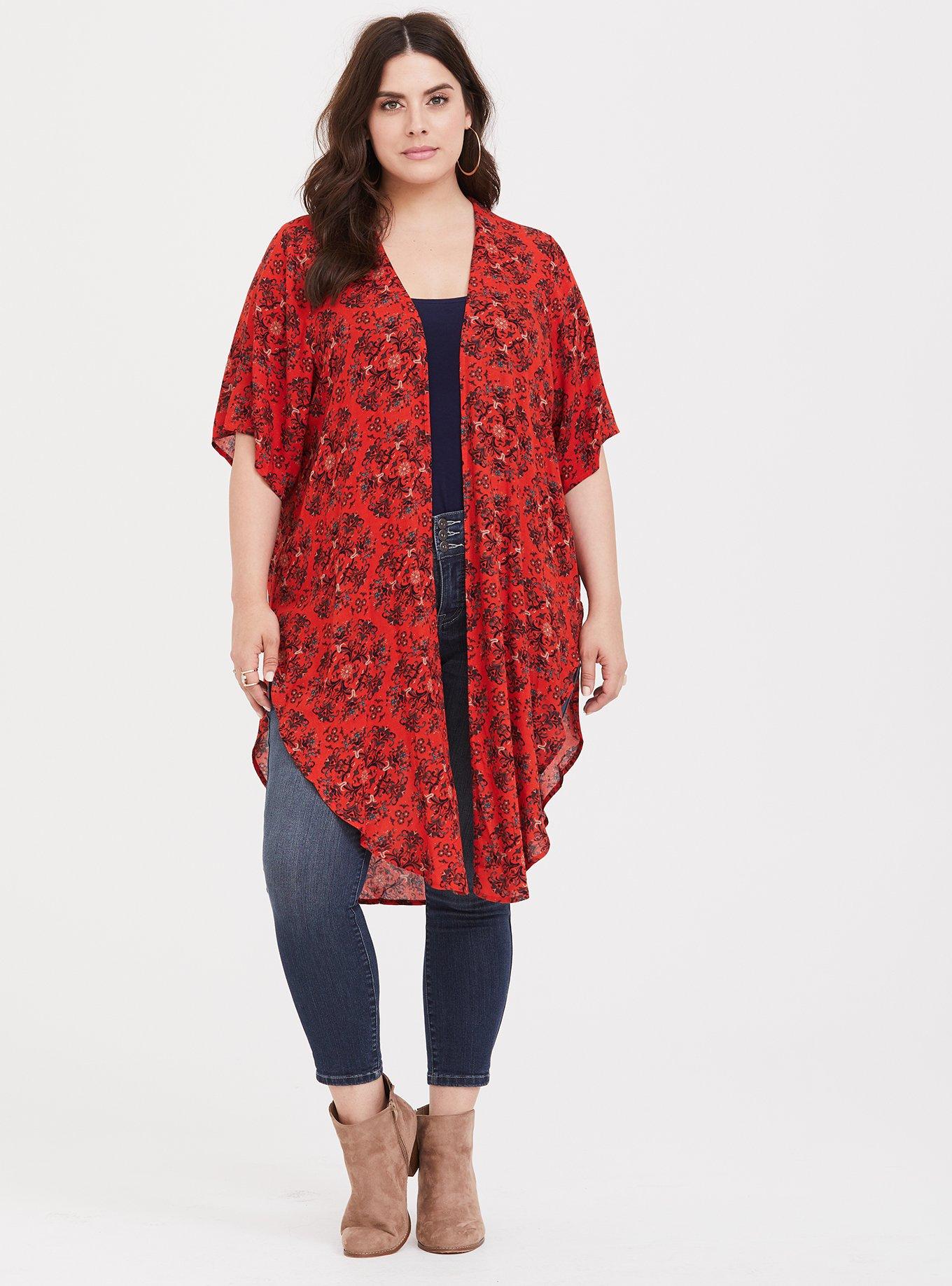Red Medallion Crepe Kimono, FLORAL MANDALA, hi-res