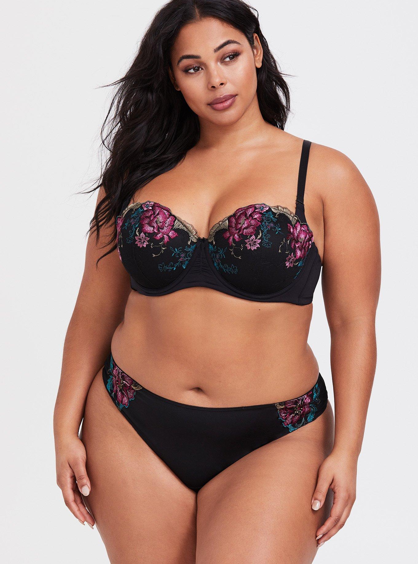 Black Floral Embroidered Microfiber Push-Up Strapless Bra, EMBROIDERED FLORAL, alternate