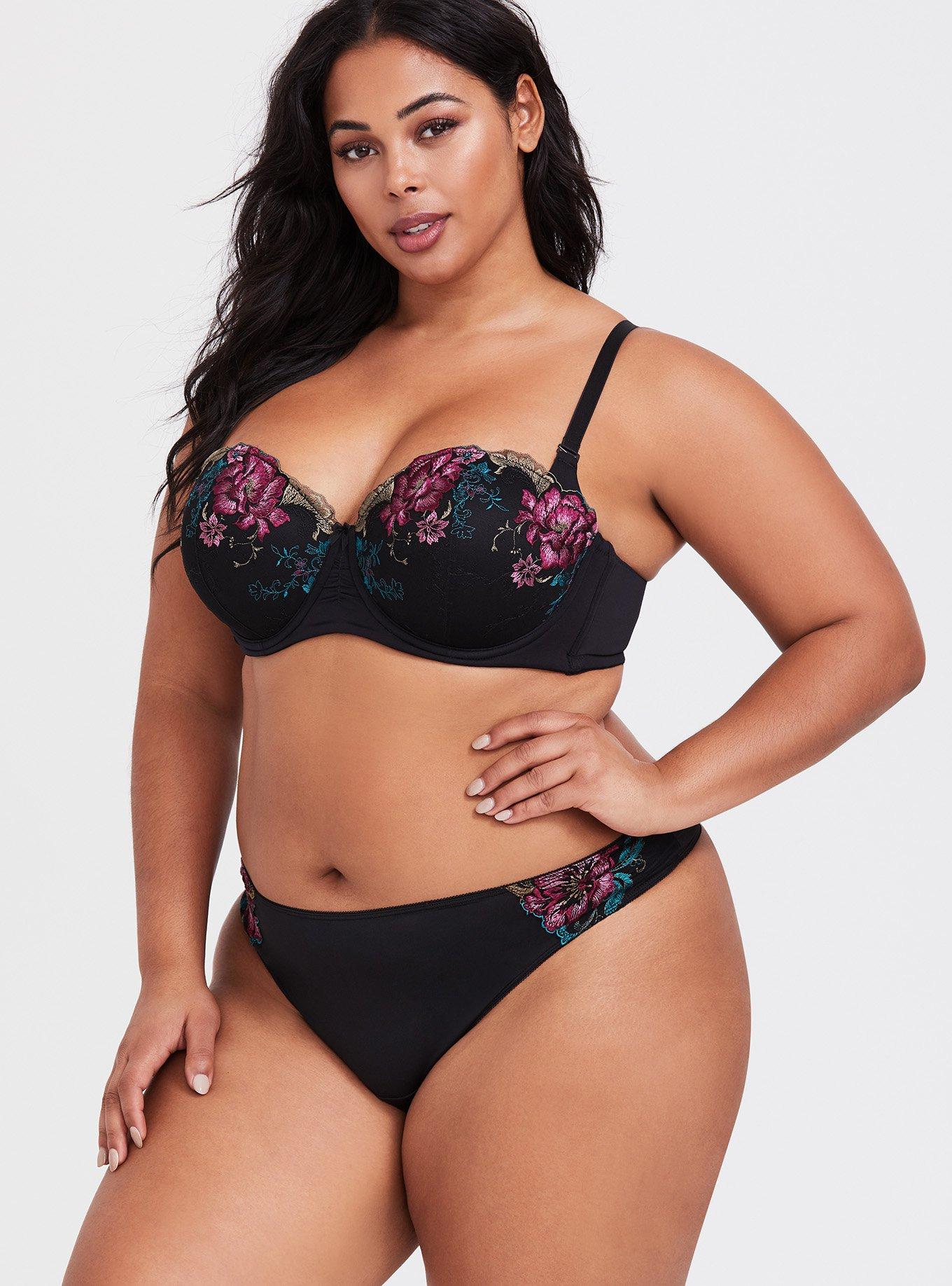 Black Floral Embroidered Microfiber Push-Up Strapless Bra, EMBROIDERED FLORAL, alternate