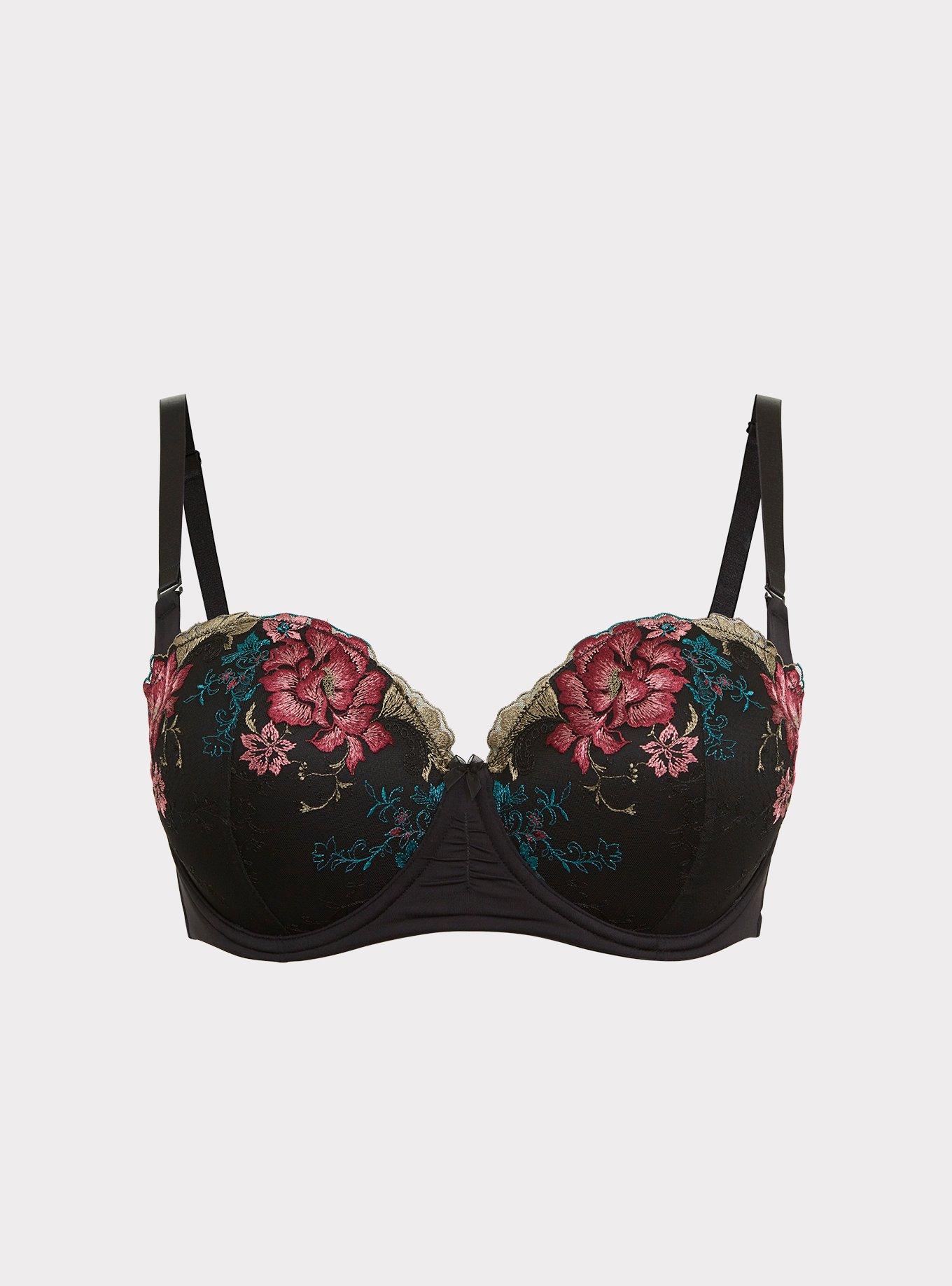 Black Floral Embroidered Microfiber Push-Up Strapless Bra, , hi-res