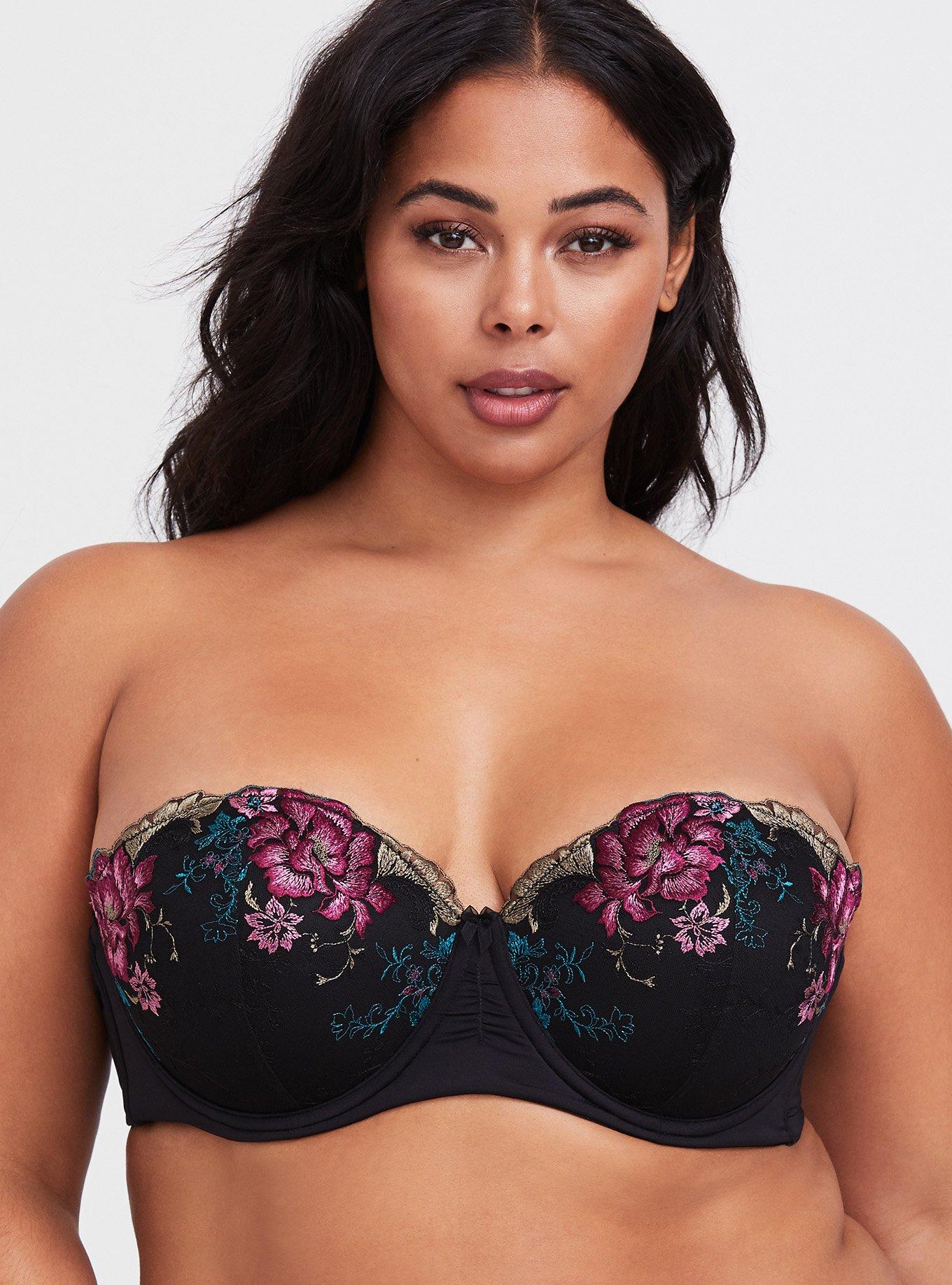 Black Floral Embroidered Microfiber Push-Up Strapless Bra, , hi-res