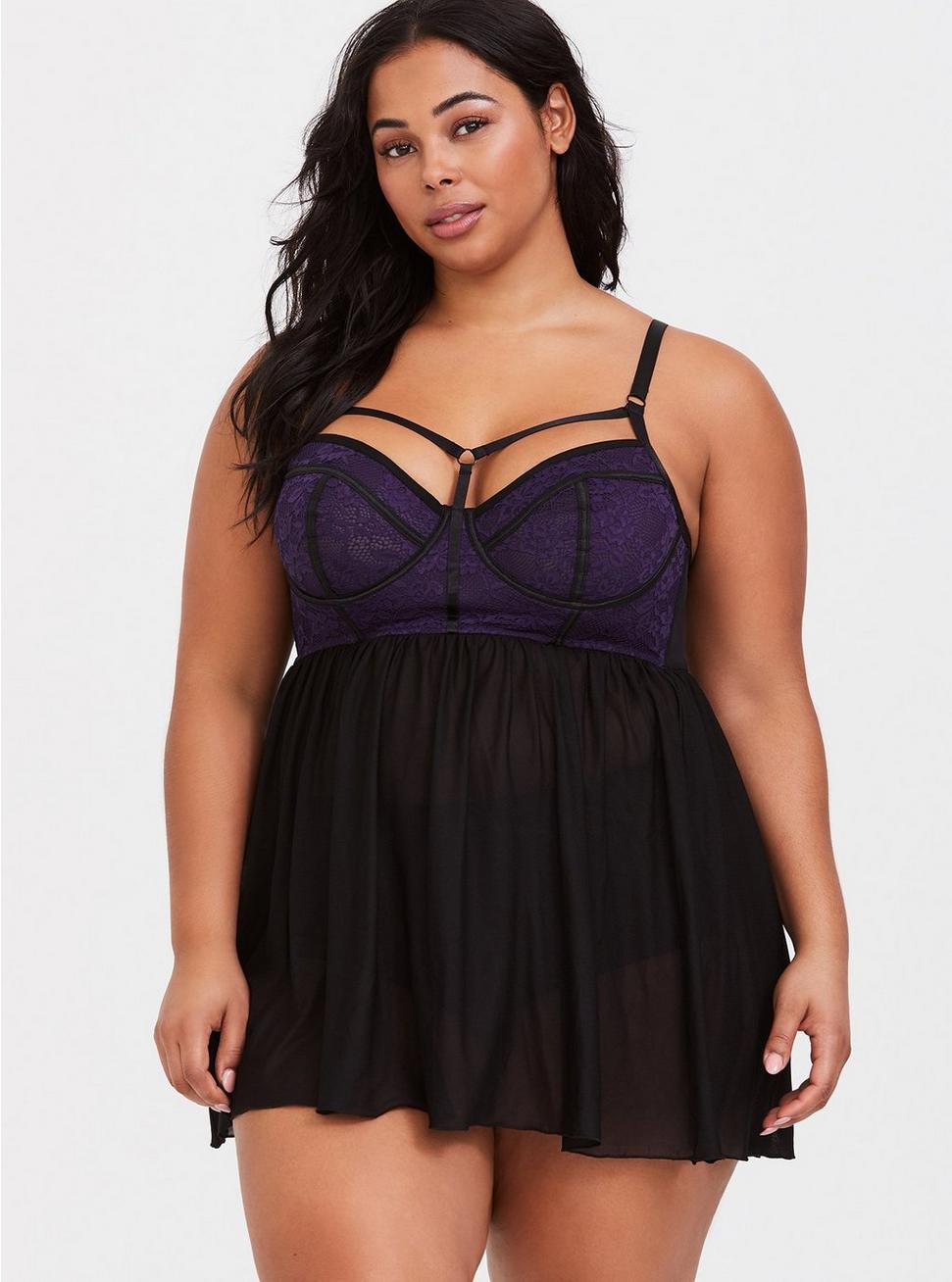 Strappy Mesh Babydoll With Piping At Cup, PURPLE, hi-res