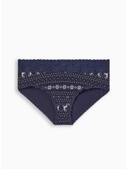 Cotton Mid-Rise Cheeky Lace Trim Panty, FROSTY FAIR ISLE NAVY, hi-res